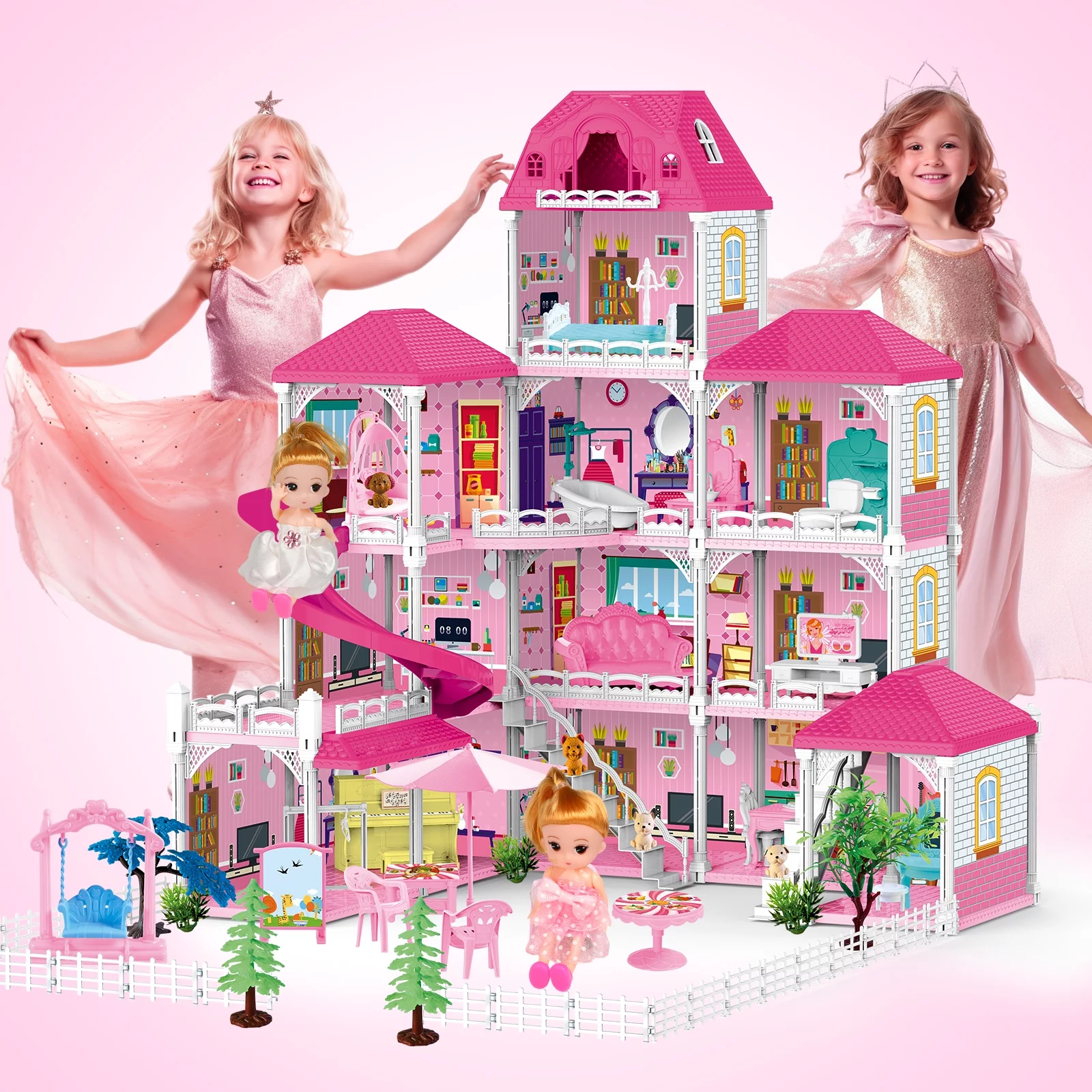 HopeRock Dollhouse for Girls, 4-Story 12 Rooms Playhouse with 2 Dolls Toy Figures, Gift Toy for Kids Ages 3 4 5 6