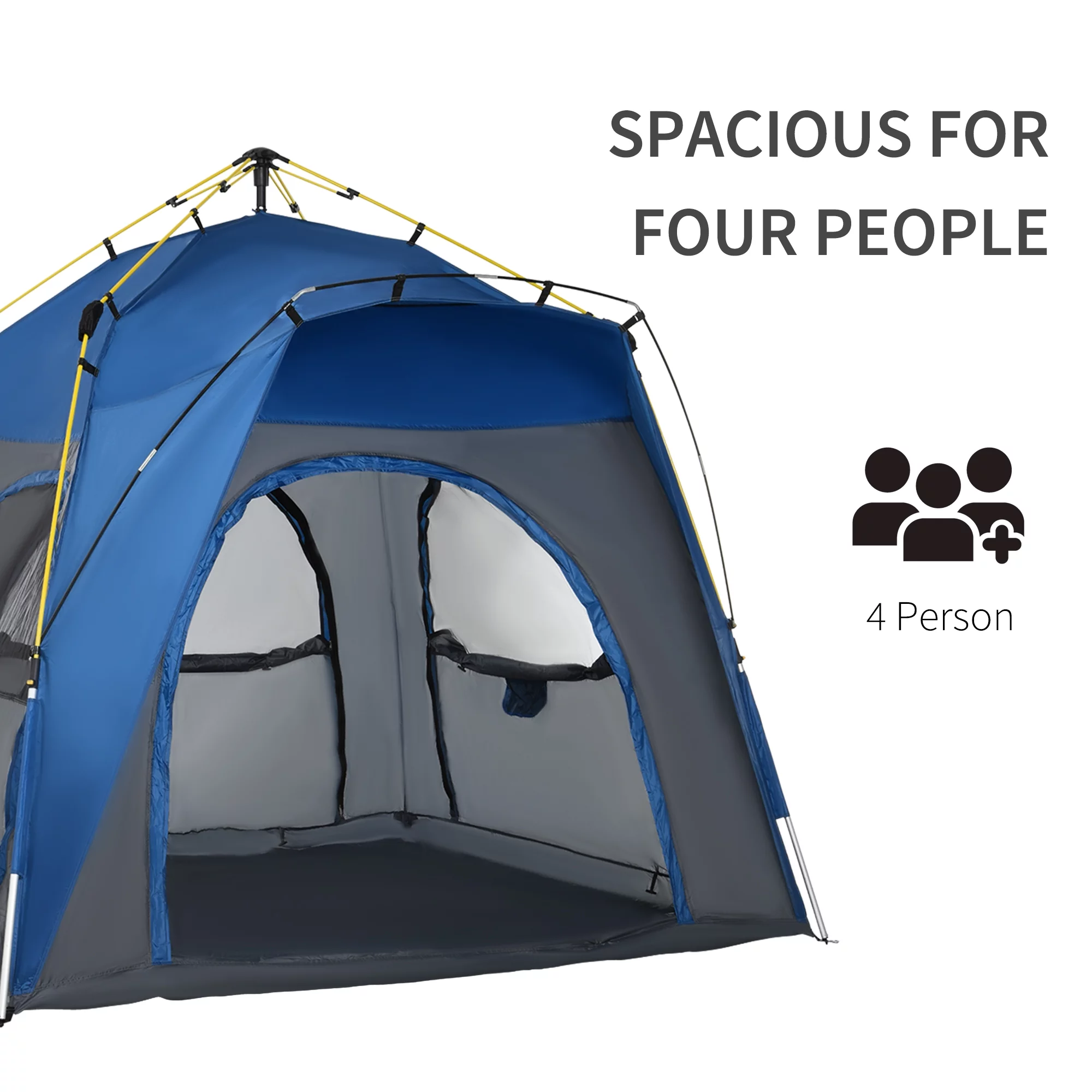 Outsunny Camping Tents 4 Person Pop Up Tent w/ Windows, Doors, Blue