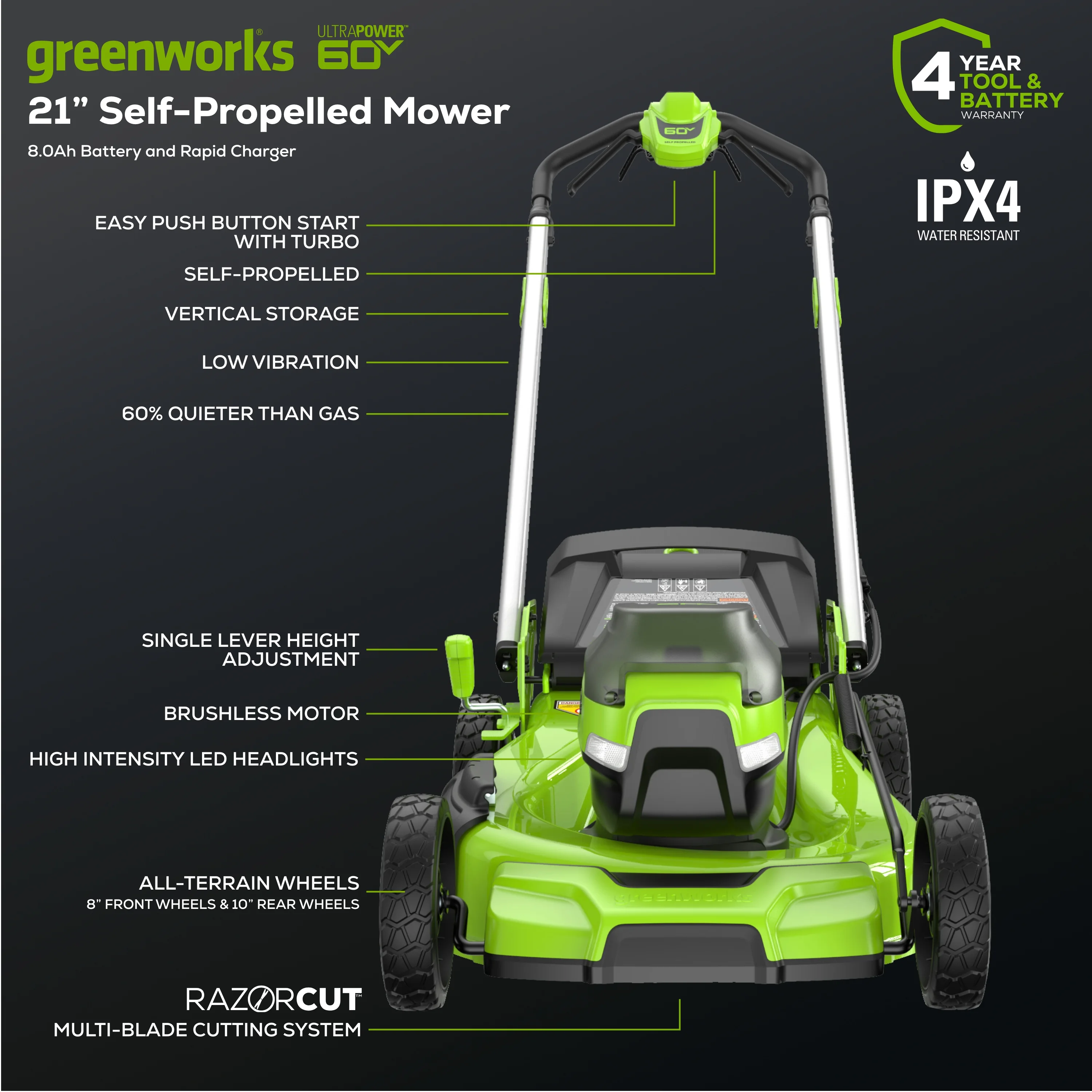 Greenworks 60V 21″ Self Propelled Lawn Mower with 8.0 Ah Battery & Rapid Charger 2546402