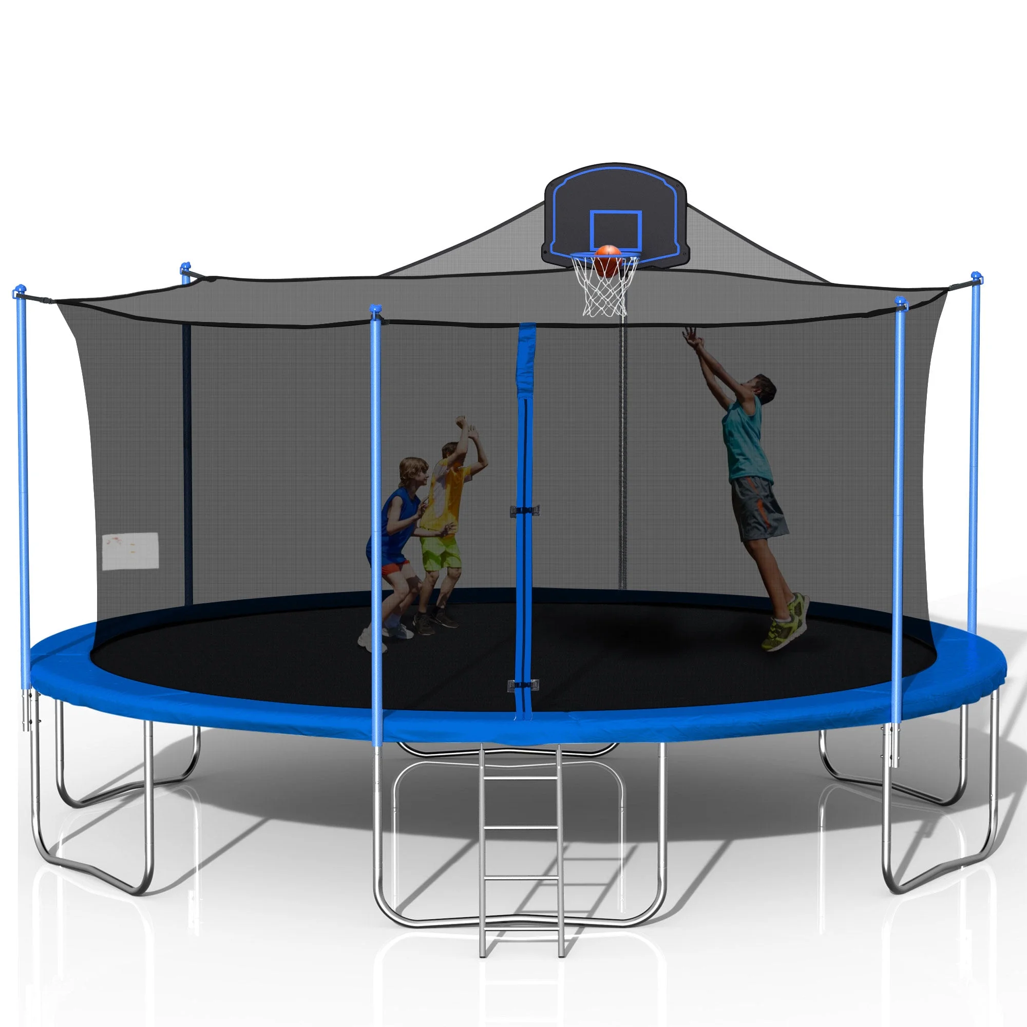 Soges 1500LBS 16FT Trampoline for Kids and Adults with Basketball Hoop Outdoor Trampoline with Ladder and Safety Enclosure Net Heavy Duty Trampoline Capacity for 6-8 Kids, Blue