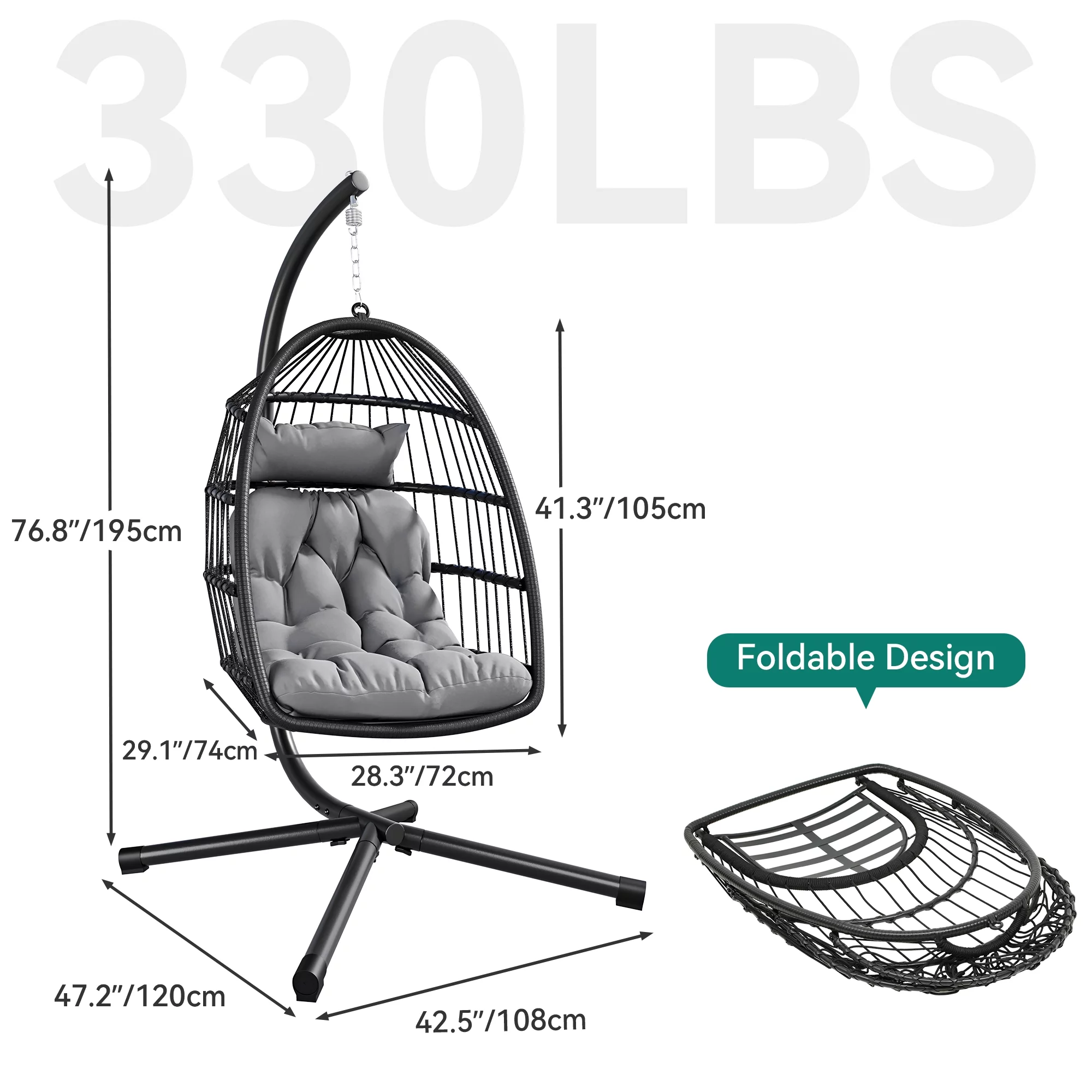 Dextrus Hanging Egg Swing Chair with Stand Egg Chair Wicker Indoor Outdoor Hammock Egg Chair with Cushions 330lbs for Patio, Bedroom, Garden and Balcony, Dark Gray(Stand Included)