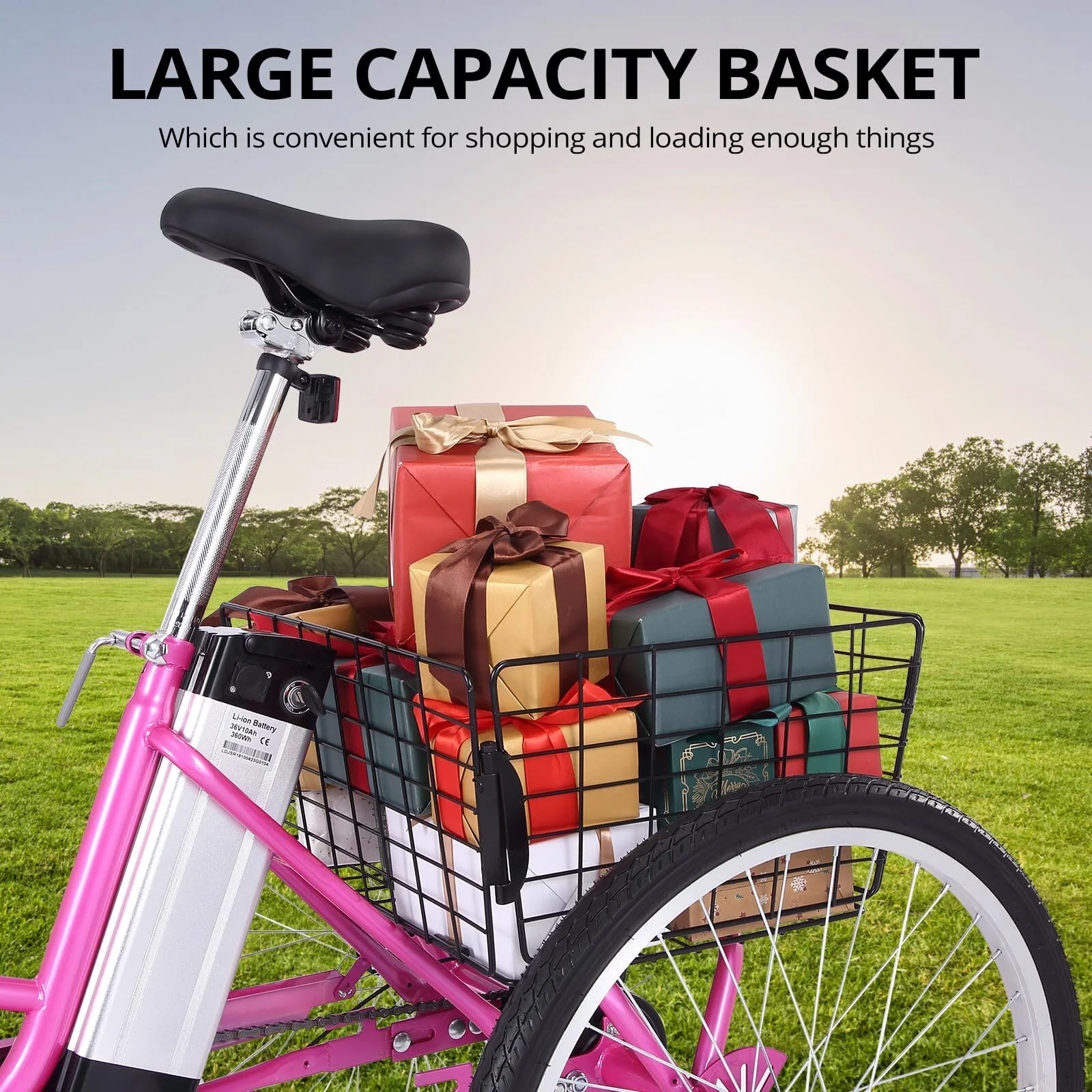 Soonbuy 24″ Electric Tricycle, 7 Speeds/36V 10Ah/Large Basket, up to 330lbs , Rose Red