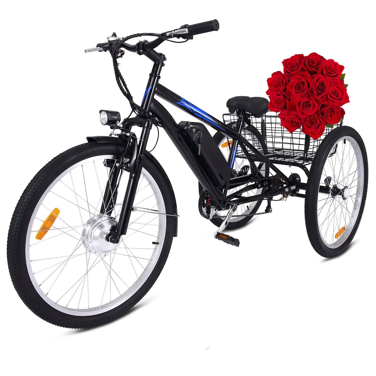 Soonbuy Electric Tricycle 24″ Electric Trike, 7 Speeds Motorized Three Wheel Electric Bicycle, 3 Wheels Adult Electric Tricycle with Large Basket,Blue