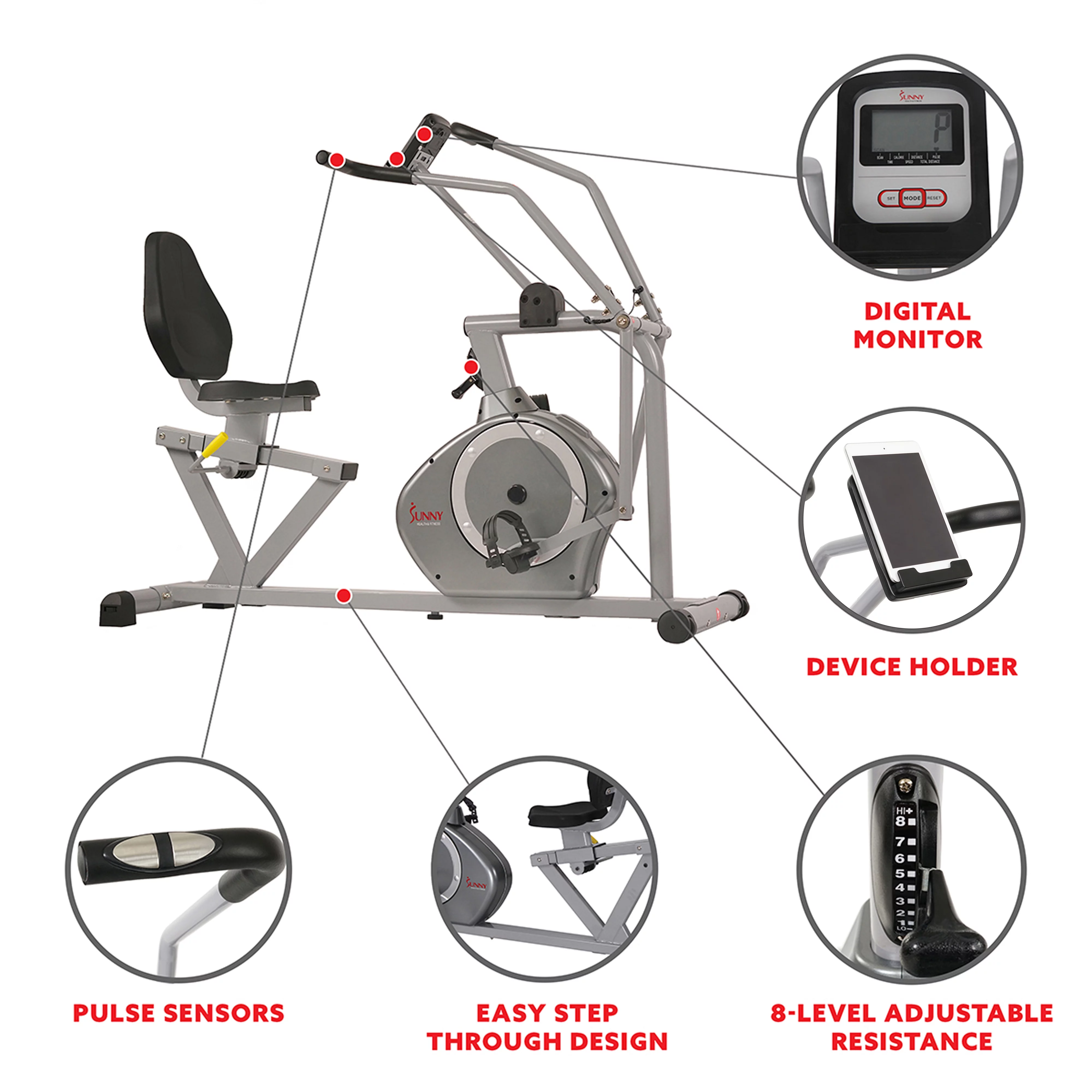 Sunny Health & Fitness Stationary Indoor Recumbent Exercise Bike Cardio Machine Cross Trainer w/Arm Workout Exercisers, SF-RB4708