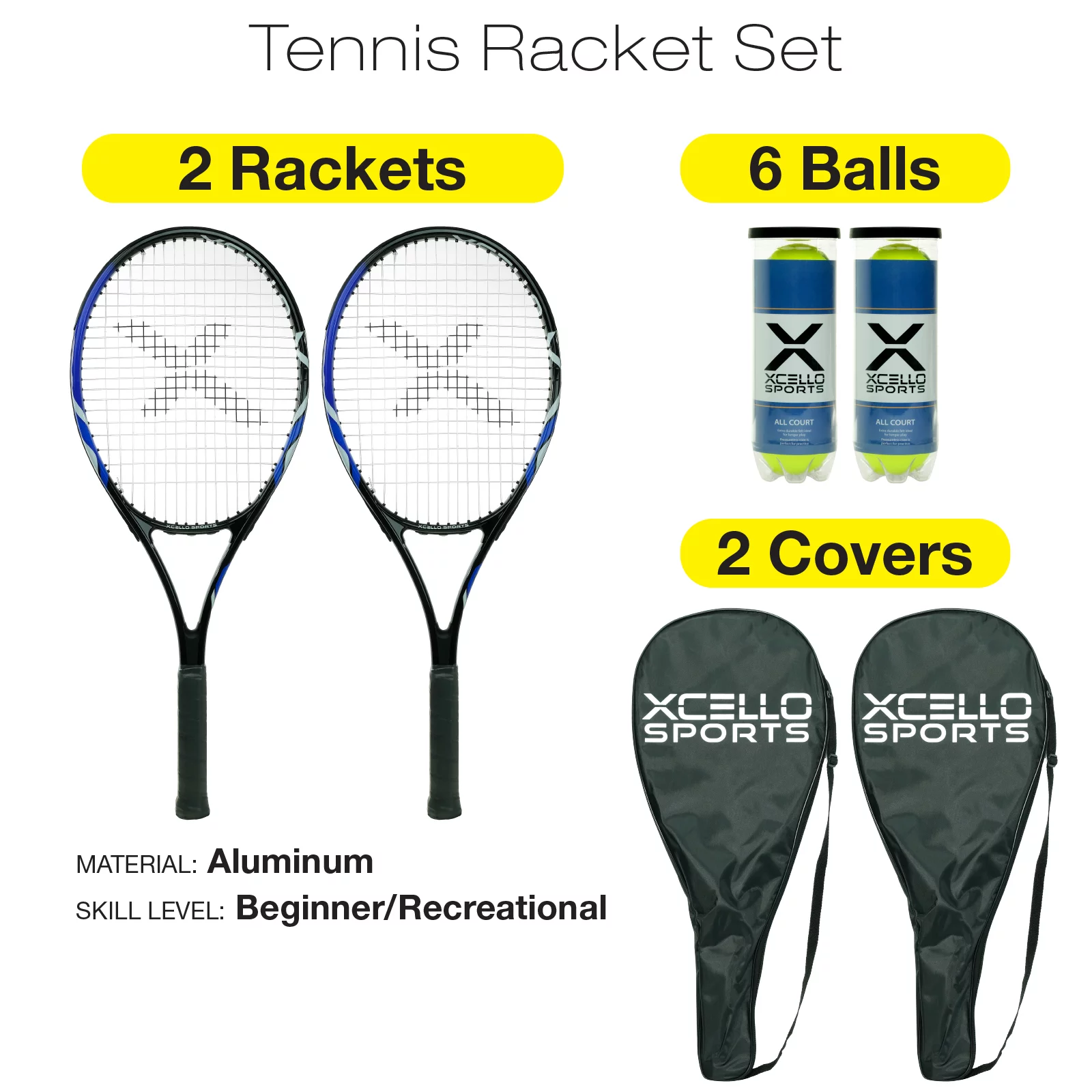 Xcello Sports 2-Player Aluminum Tennis Racket Set for Adult – Includes Two 23″ Tennis Rackets, Six All Court Balls, and Two Carry Cases – Blue/Black