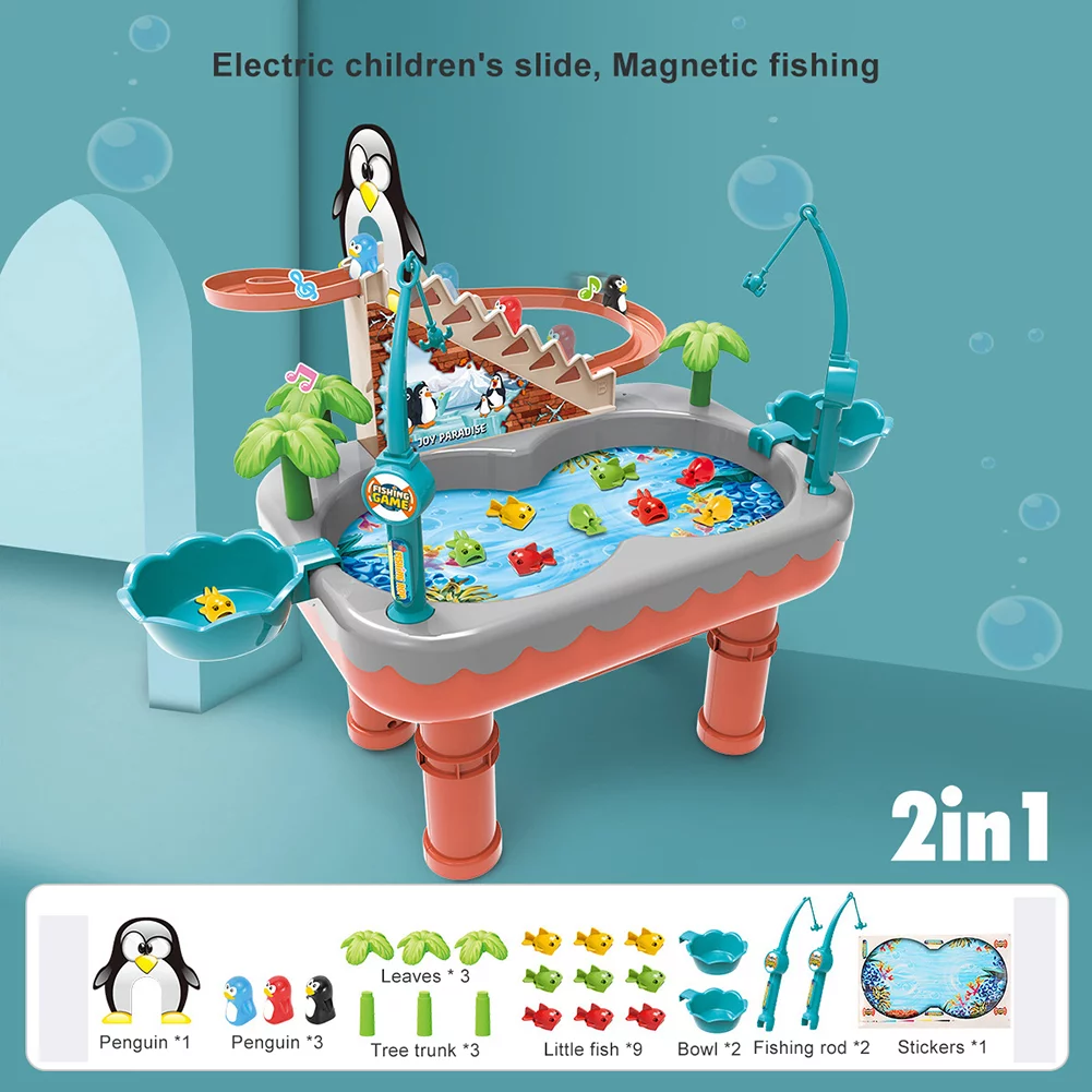 Toddler Toys Baby Toys Kid Toys Fishing Table ToysElectric Water Table for Kid 1-6 – Penguin Stair Climbing Magnetic Fishing Toy Pool Set