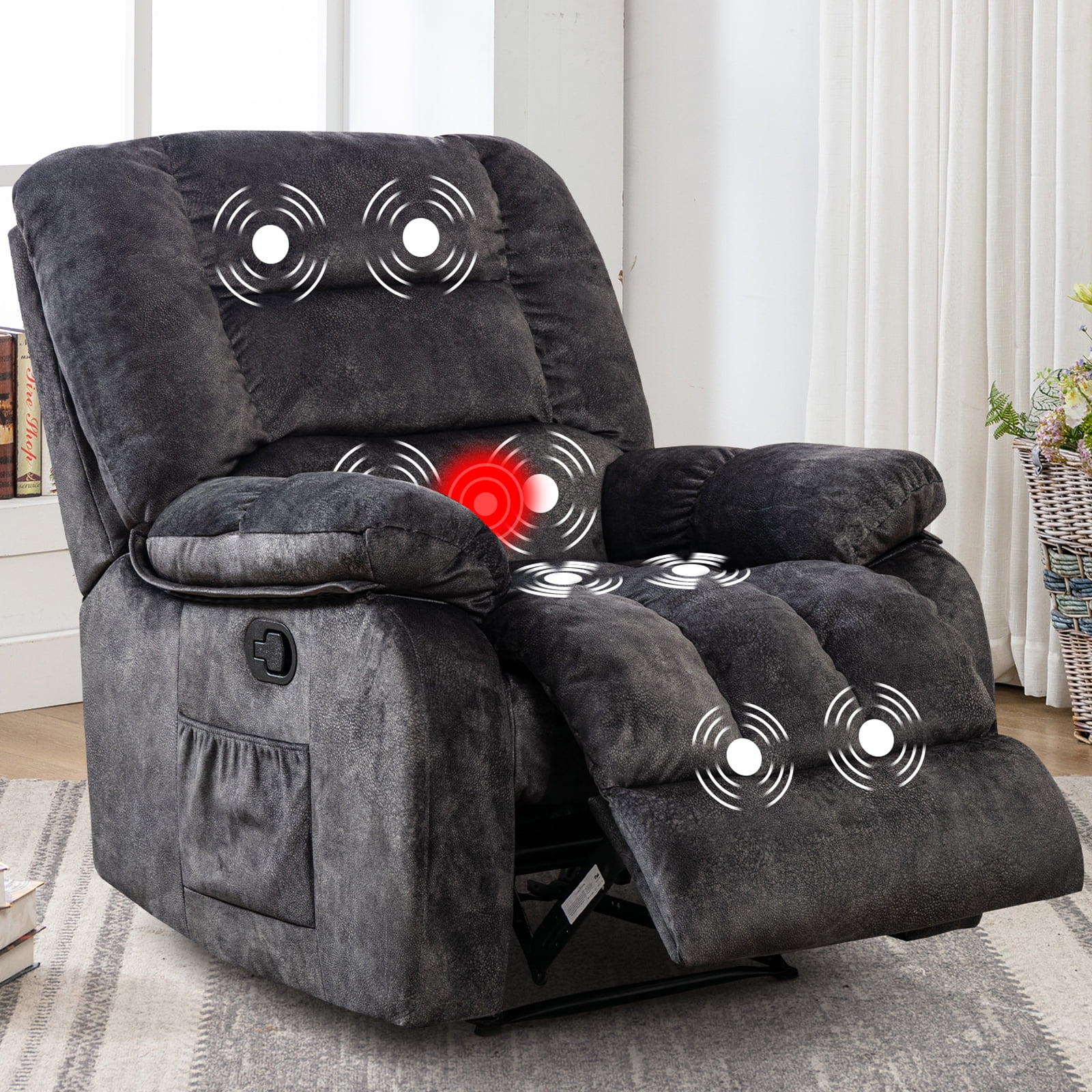 Bonzy Home Recliner Chairs with Massage and Heat Overstuffed Fabric Manual Recliners for Living Room, Gray