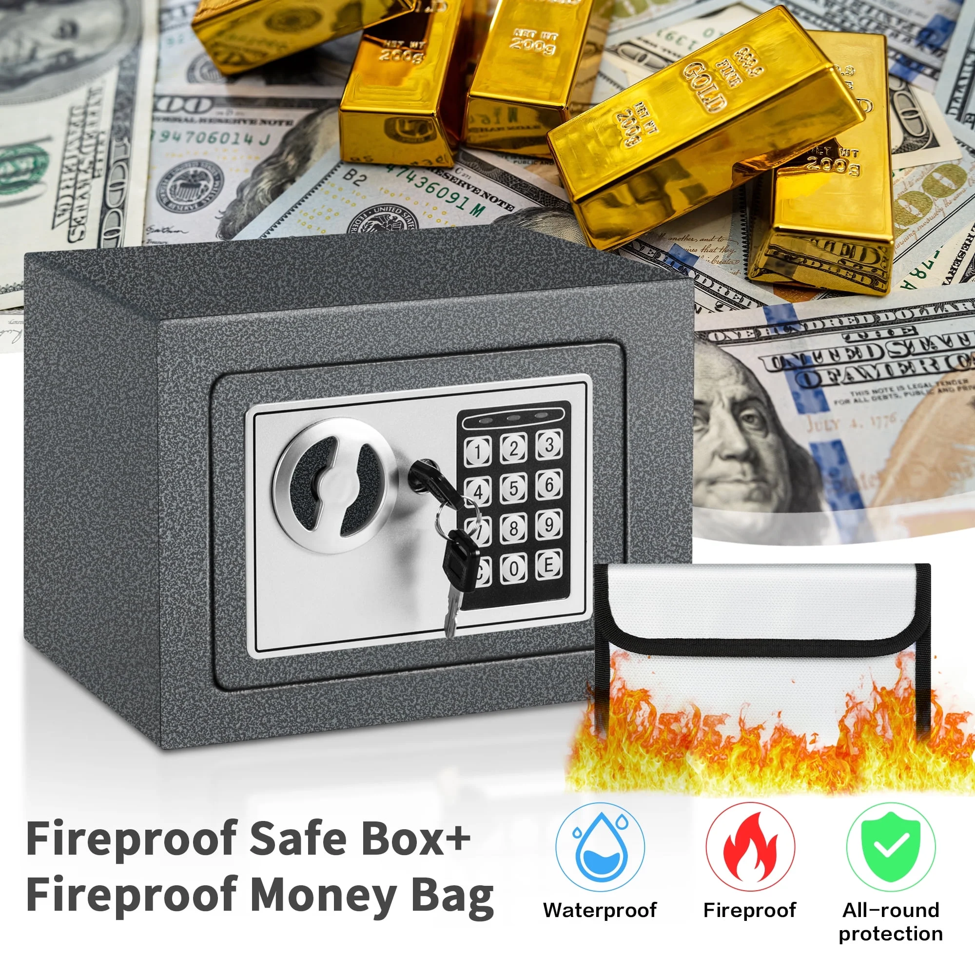 LOCKSWORTH 0.2 Cubic Feet Electronic Digital Safe Box, Steel Money Safe Box for Home with Fireproof Money Bag for Cash Safe Hidden