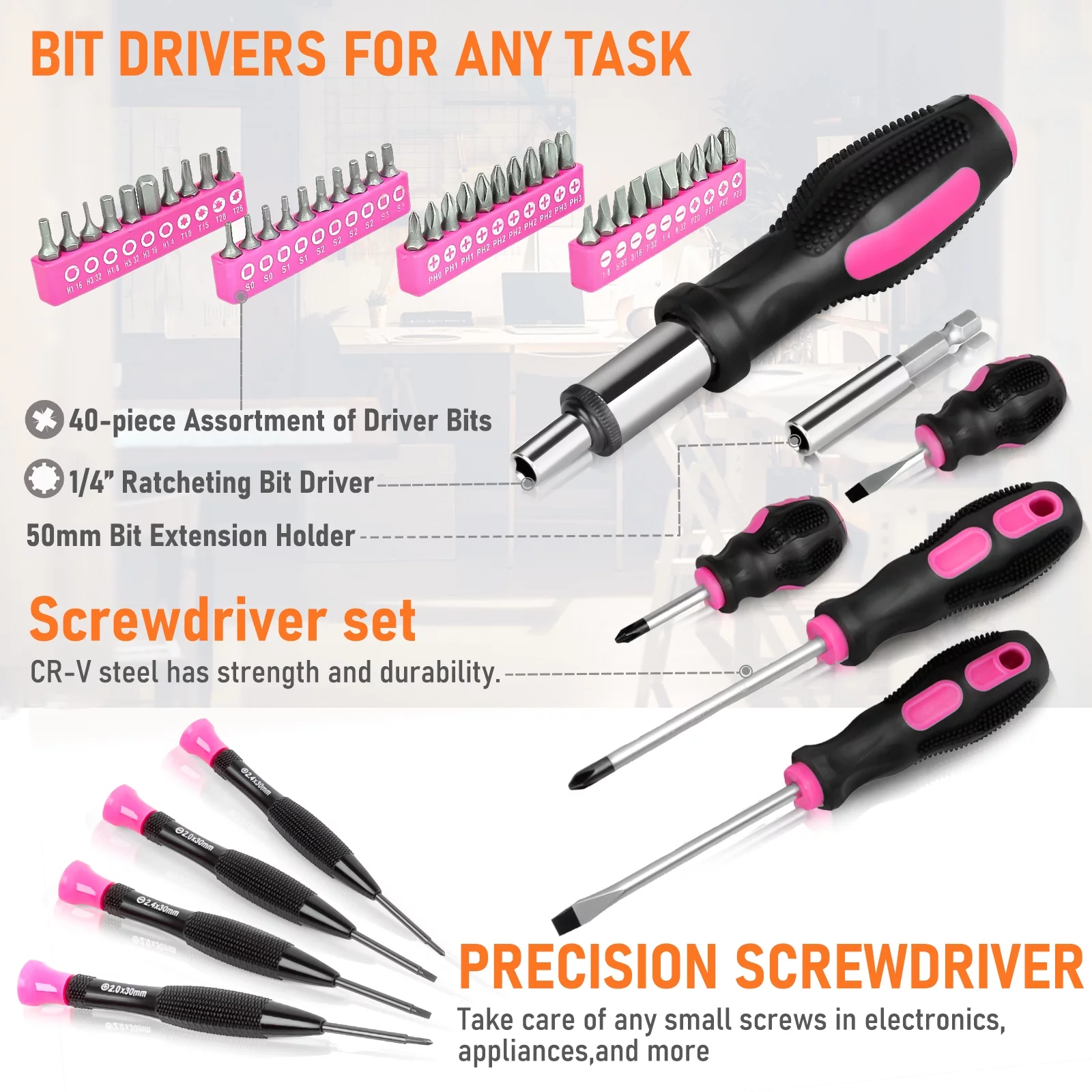 Pink Tool Set – 207 Piece Lady’s Portable Home Repairing Tool Kit made from THINKWORK TW6075