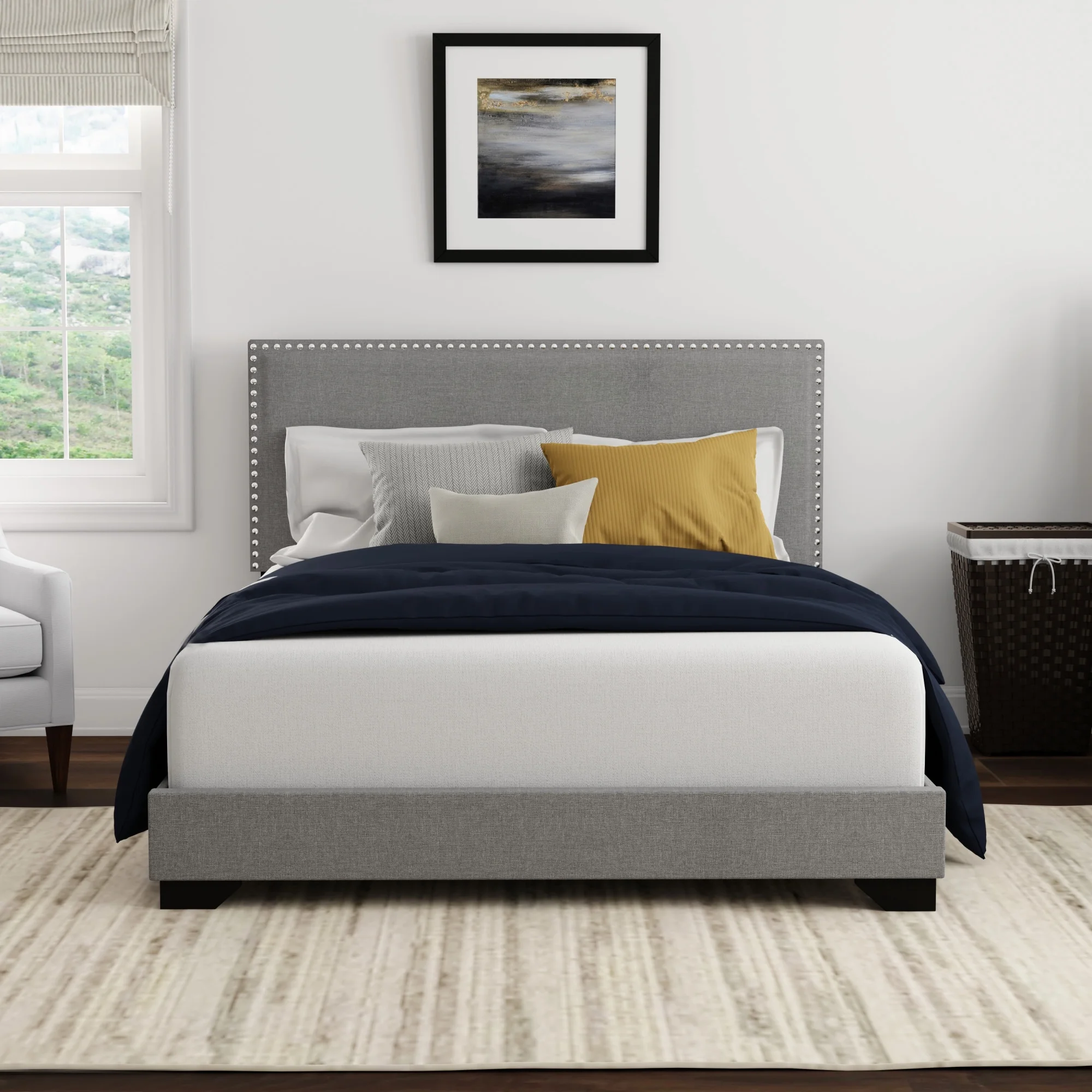 Skylar Nailhead Trim Upholstered Twin Platform Bed, Beige