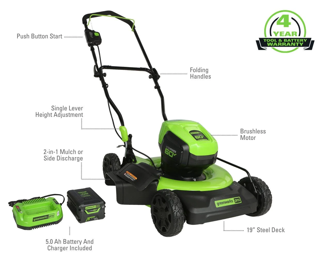 Greenworks 60V 19″ Cordless Battery Push Lawn Mower with 5.0Ah Battery & Charger 2531802