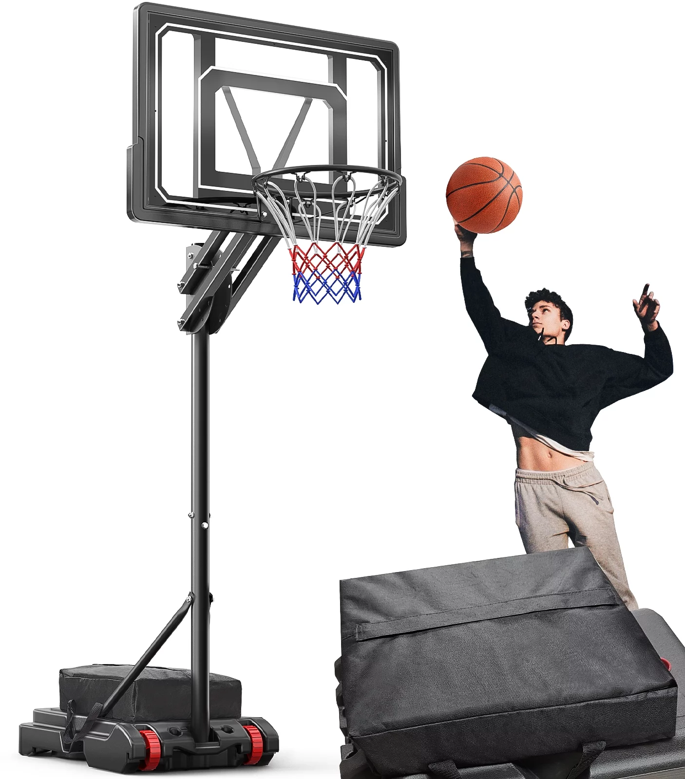 VIRNAZ 33 in. Portable Basketball Hoop & Goal System for Outdoor Indoor Court 5.5 – 9.5 ft. Easy Height Adjustable with Weight Bag