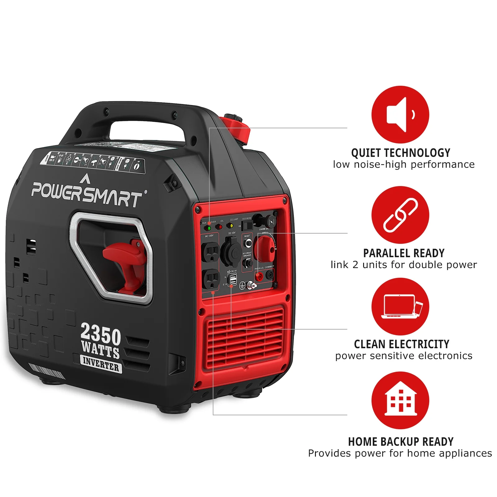 PowerSmart 2350W Portable Inverter Gas Generator .Super Quiet .Low Oil Shutdown, Ultra Lightweight for Camping