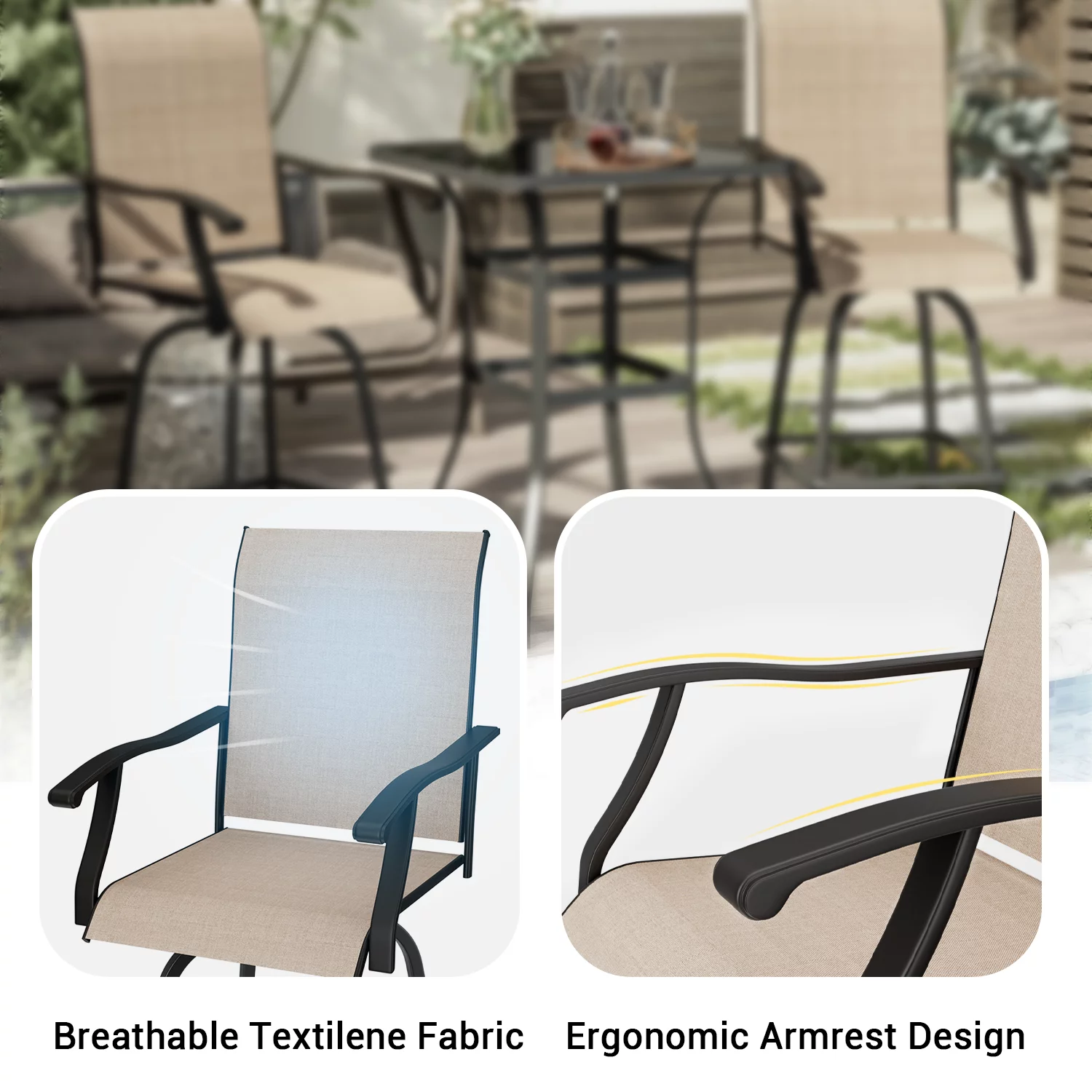 Devoko Outdoor High Bar Bistro Chair Set Patio Outdoor Textilene Swivel Chair and Tempered Glass Table Set of 3, Light Brown, Steel