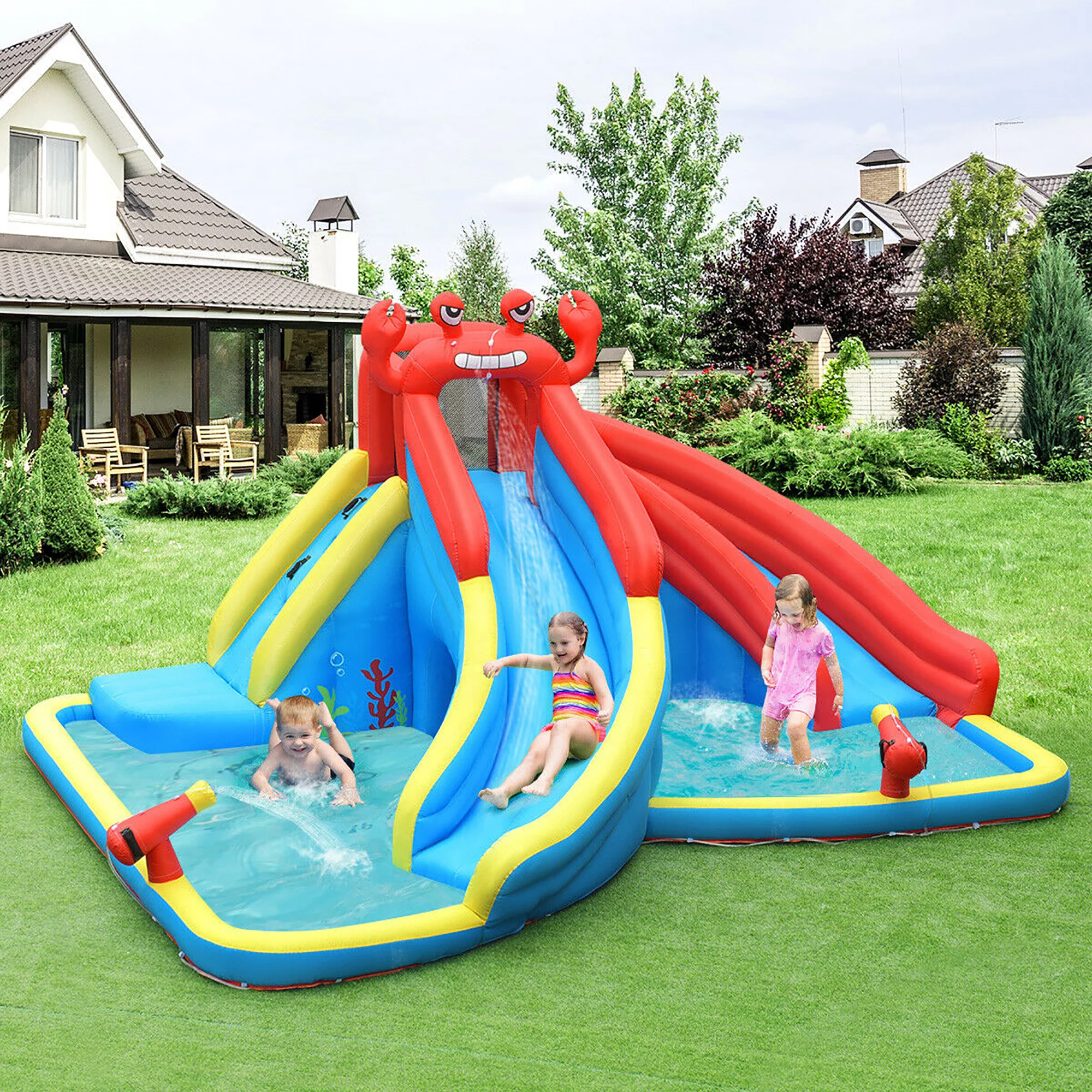 Costway Inflatable Water Slide Crab Dual Slide Bounce House Splash Pool W/ 950W Blower