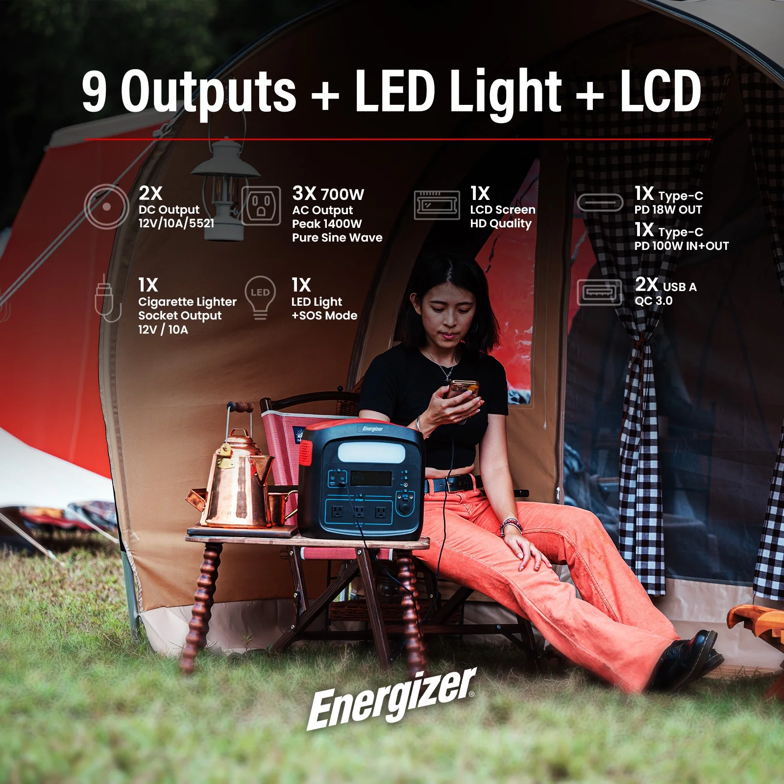 Energizer 960Wh 300000 mAh Portable Power Station w/ LiFePO4 Battery – USB A + TYPE-C + DC + LED Light + Carry Bag