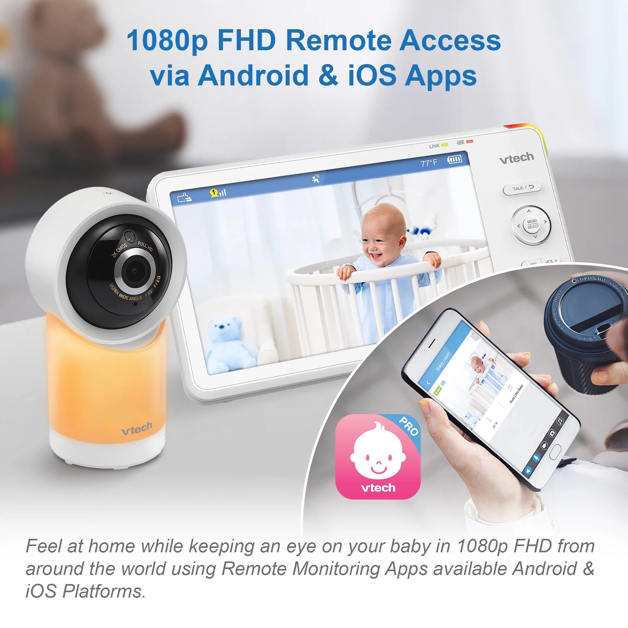 VTech 1080p Smart WiFi Remote Access 360-Degree Pan and Tilt Video Baby Monitor with 7-Inch High-Definition 720p Display and Night Light, RM7866HD, White