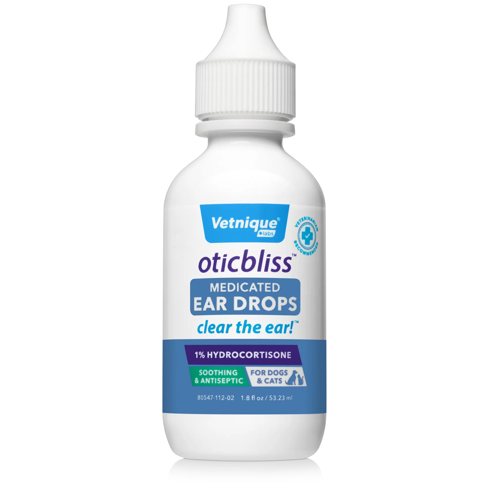 Vetnique Labs Oticbliss Medicated Ear Drops for Dogs & Cats with Hydrocortisone, Clear the Ear! 1.8 fl oz