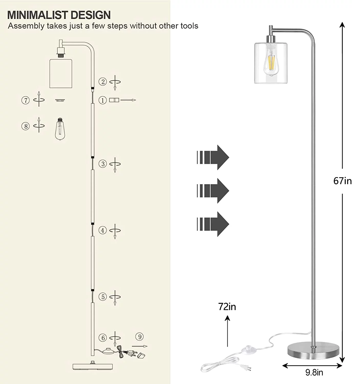 Rottogoon 67″ Industrial LED Floor Lamp for Living Room Modern Standing Lamp Tall Pole Light Black