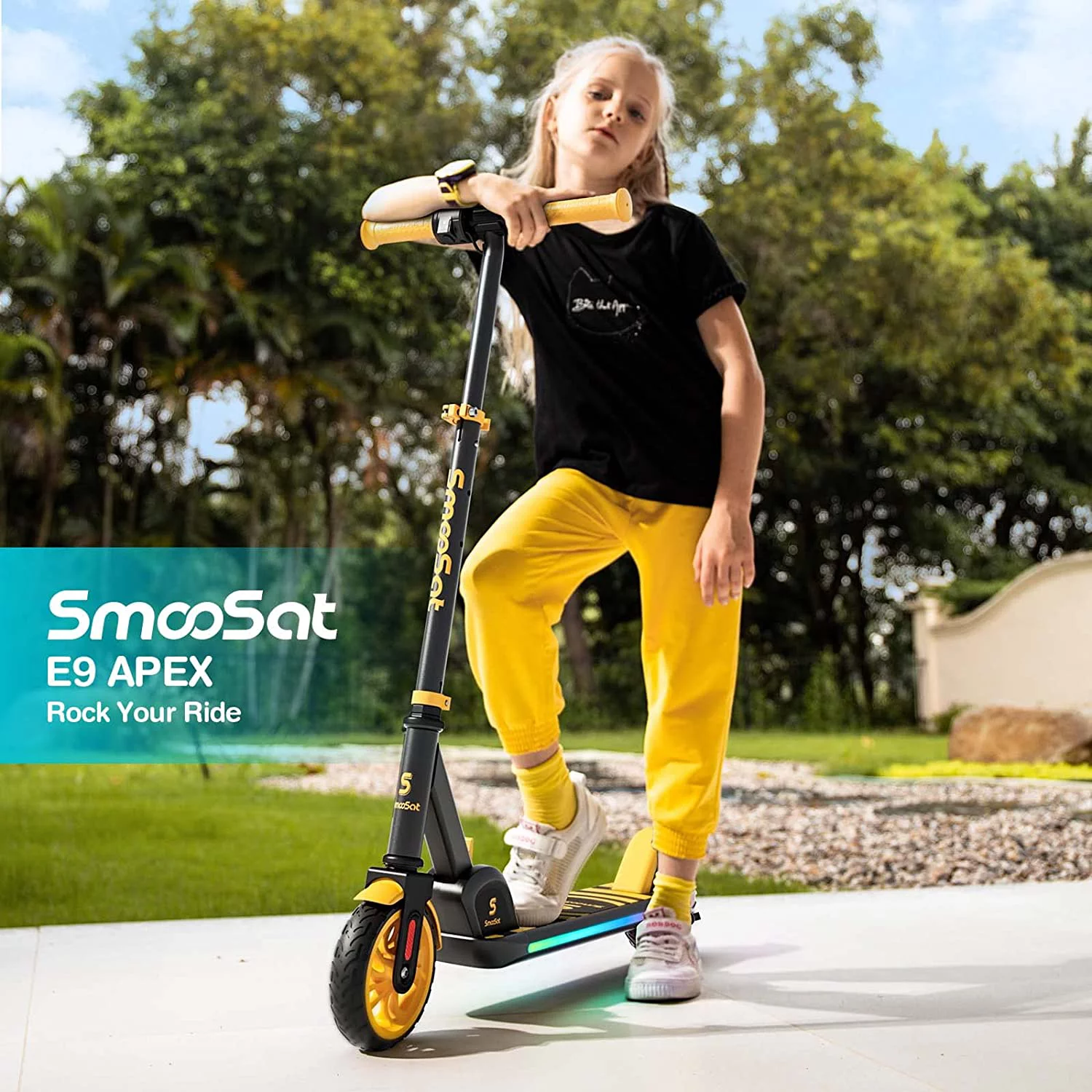 SmooSat Foldable Electric Scooter for Kids with Wireless Music Speaker, Colorful LED Lights and Display, 3 Speeds 5/8/10 MPH and Adjustable Height E-Scooter, Ideal Gift for Kids Age 8+