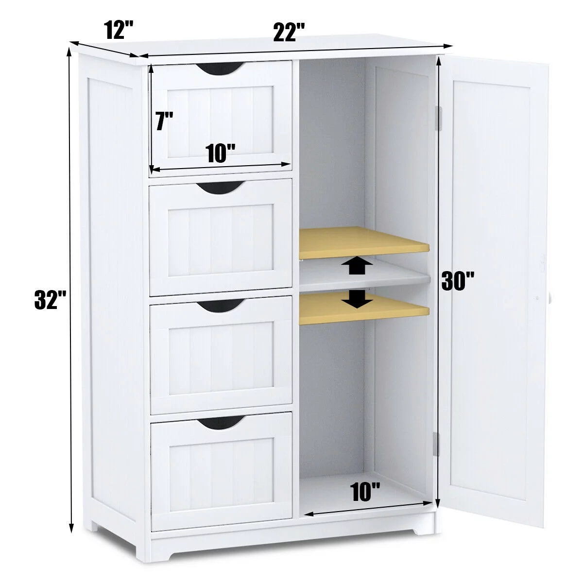 Costway Wooden 4 Drawer Bathroom Cabinet Storage Cupboard 2 Shelves Free Standing White