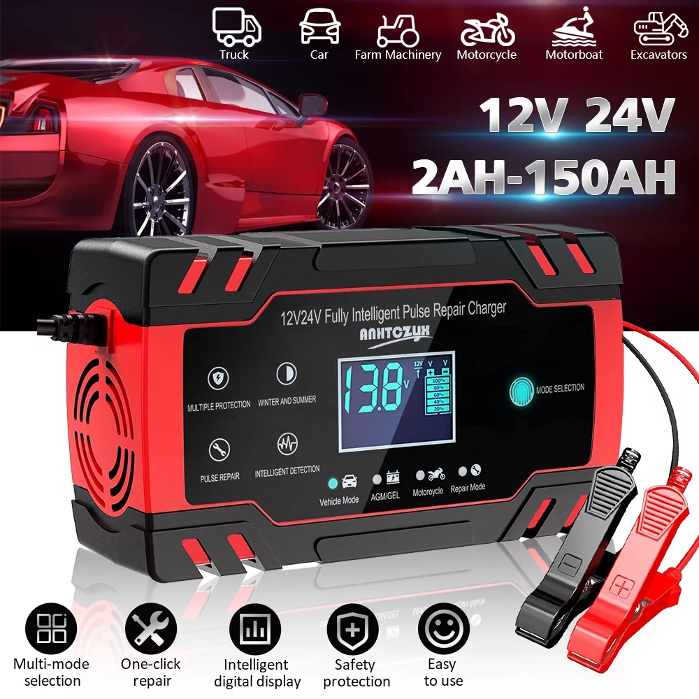 12V/8A 24V/4A Automatic Smart Battery Charger/Maintainer with LCD Display Pulse Repair Charger Pack for Car, Lawn Mower, Motorcycle, Boat, SUV and More – J30