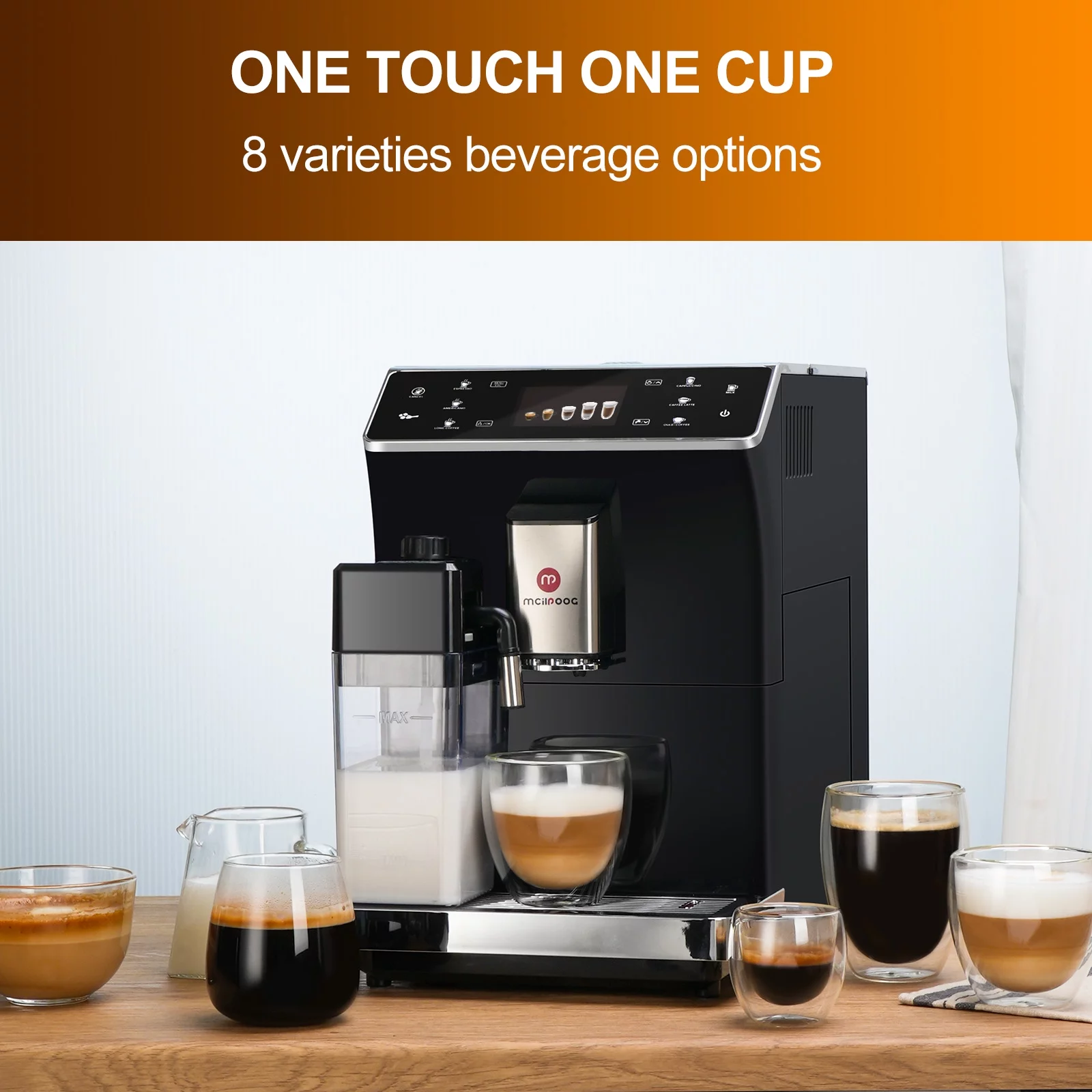 Mcilpoog Super Automatic Espresso Coffee Machine,Fully Automatic Espresso Machine With Grinder, Easy To Use Touch Screen Coffee Maker with Milk Frother.8 Coffee Recipes.WS-202