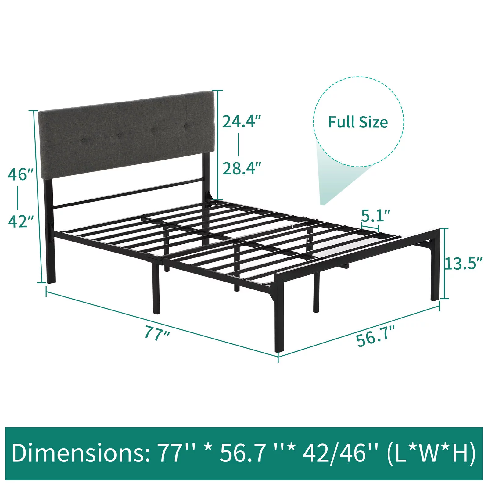 Dextrus Upholstered Platform Bed Frame with Adjustable Headboard Metal Slat, No Box Spring Needed (Queen)