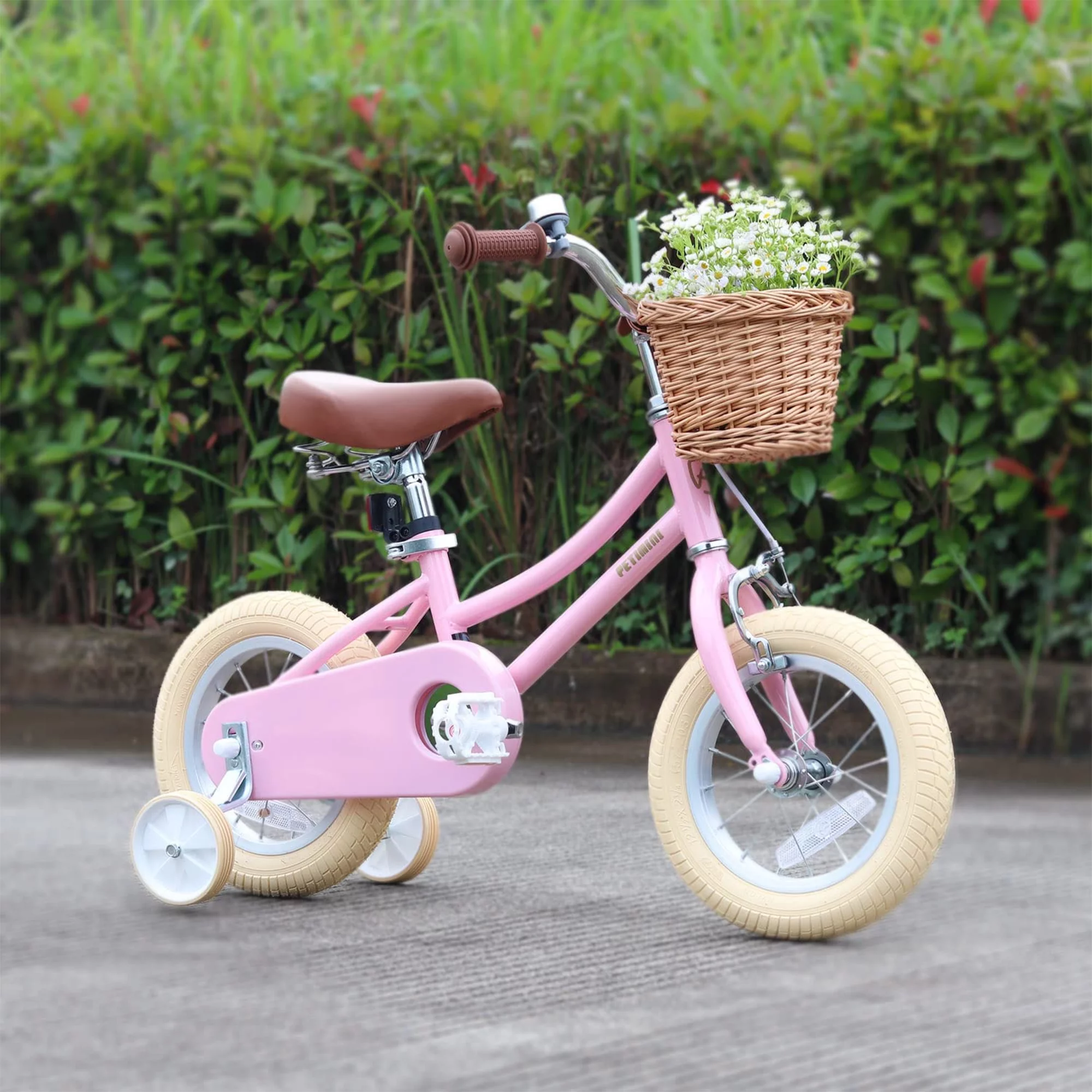 Petimini 14 Inch Child Bicycle with Basket, Bell, and Training Wheels, Pink