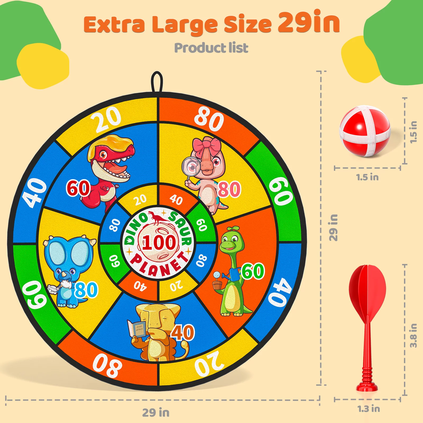 29″Large Dart Board for Kids,Double Sided Kids Dart Doard Toy with 20 Sticky Balls, 8 Darts, Boys Toys Board Games for kids 8-12