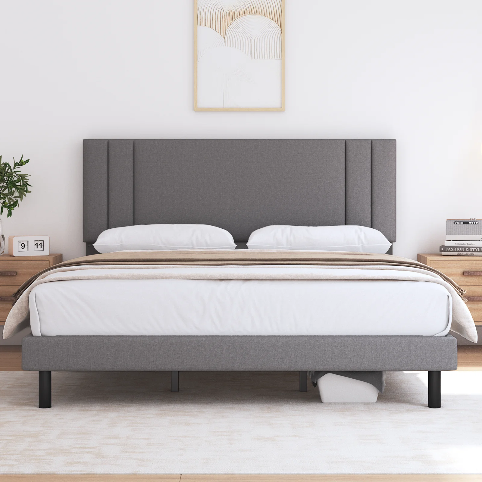 Queen Bed Frame,HAIIDE Queen Size Platform Bed Frame with Fabric Upholstered Headboard,No Box Spring Needed,Dark Grey