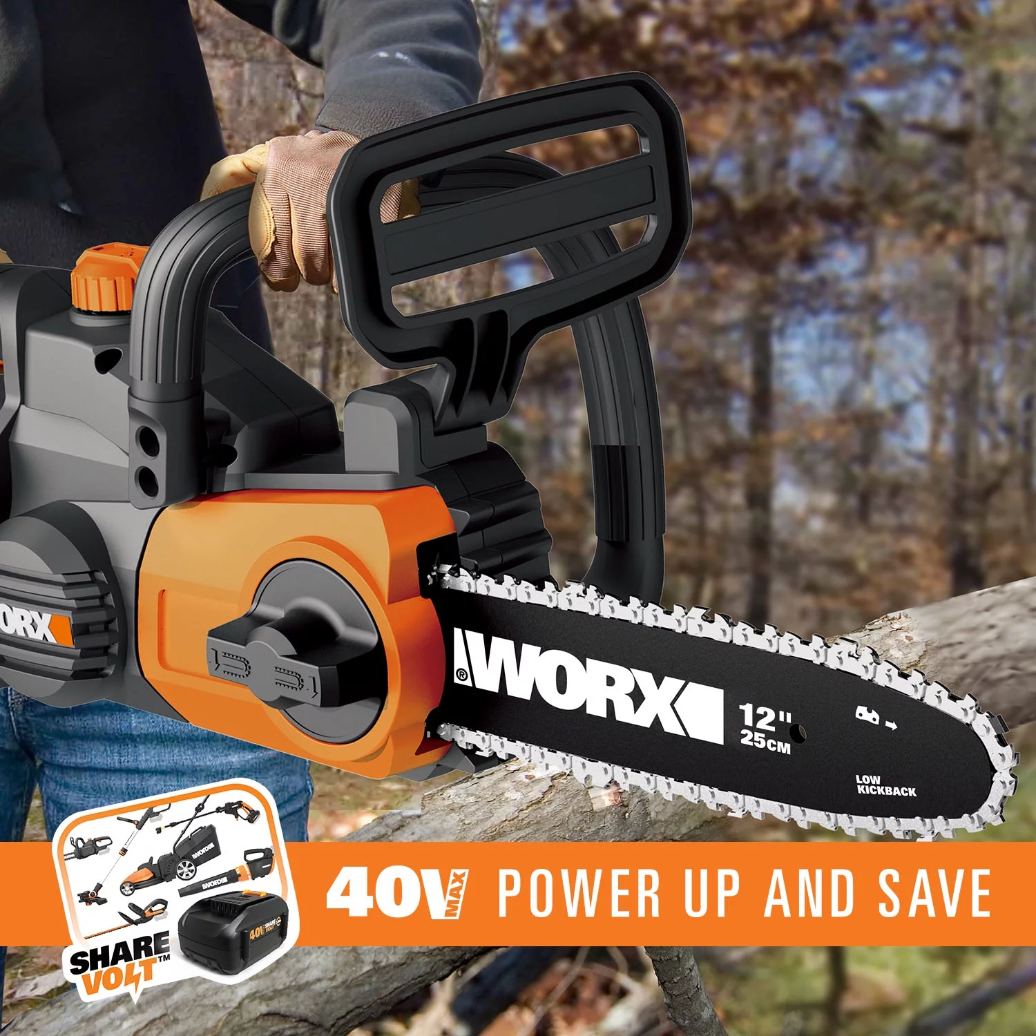 WORX WG380 40V 12? Cordless Chainsaw with Auto Tensioning and Lubrication Chain System