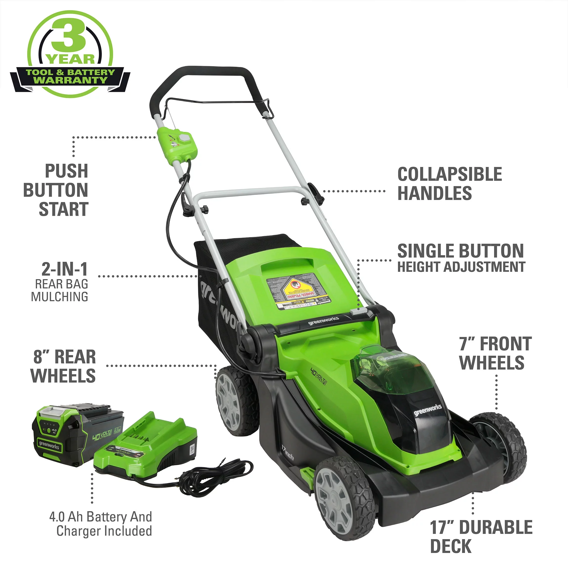 Greenworks 40V 17″ Cordless Walk-Behind Push Lawn Mower with 4.0 Ah Battery and Charger 2508302