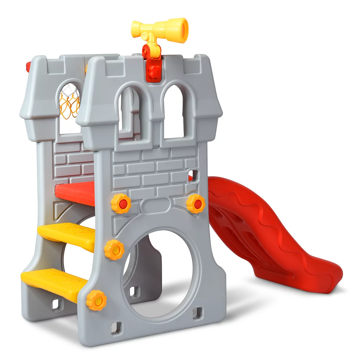 Children Castle Slide Play Slide with Basketball Hoop and Telescope Toy