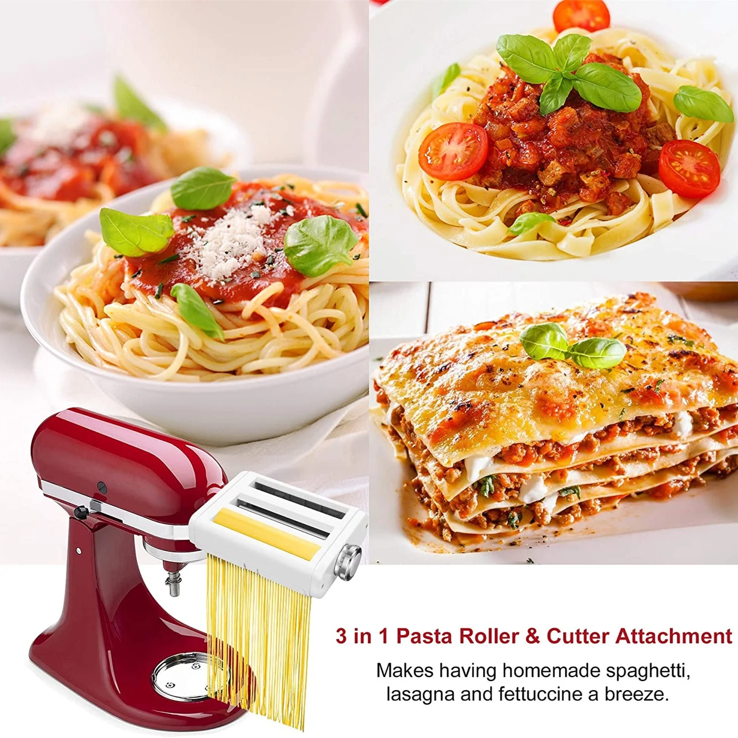 Kenome Pasta Maker Attachment 3 in 1 Set for KitchenAid Stand Mixers, with Pasta Sheet Roller, Spaghetti Cutter, Fettuccine Cutter Maker Accessories and Cleaning Brush