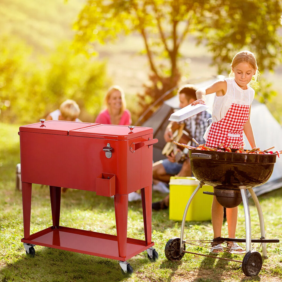 Costway 80-quart Cooler Beer Cart Outdoor Entertaining Rolling Party Steel Bar Bistro