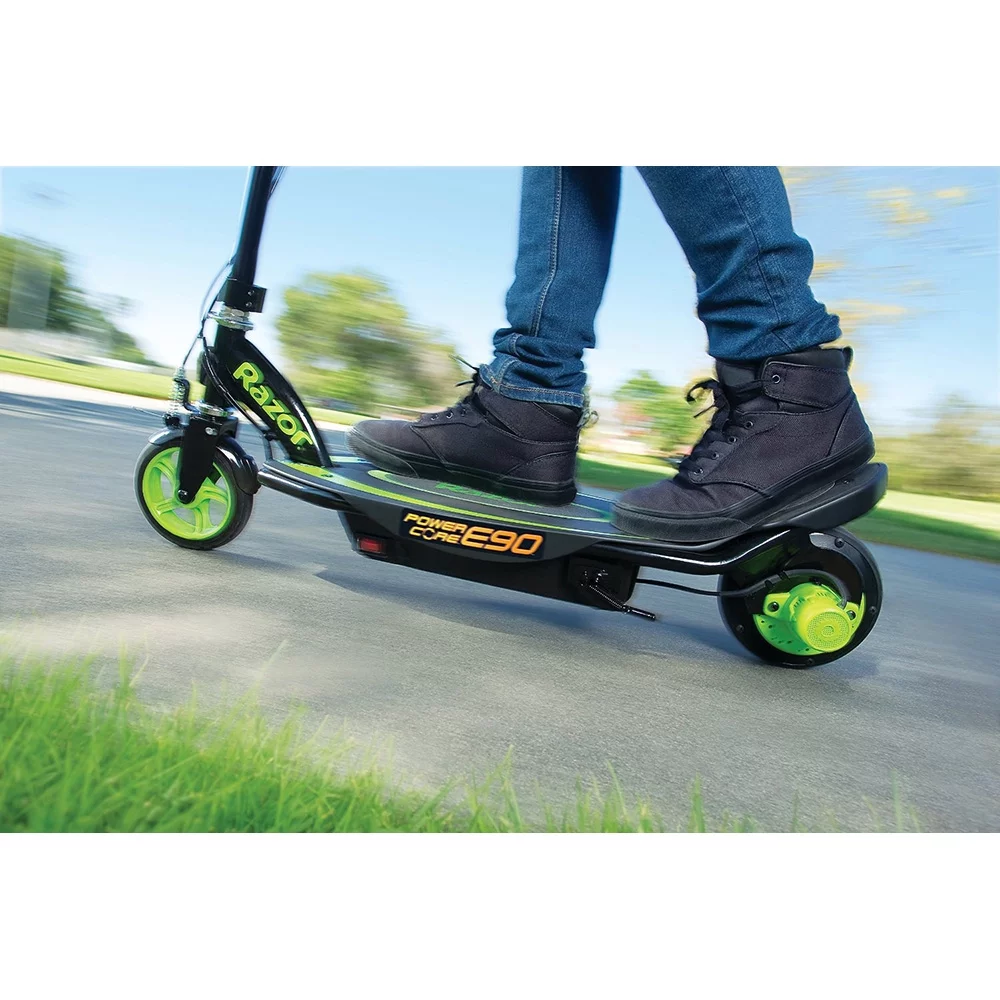 Razor 13111416 E90 Power Core Electric Scooter, Green Bundle with 1 Year Extended Protection Plan and Deco Essentials Drawstring Bag