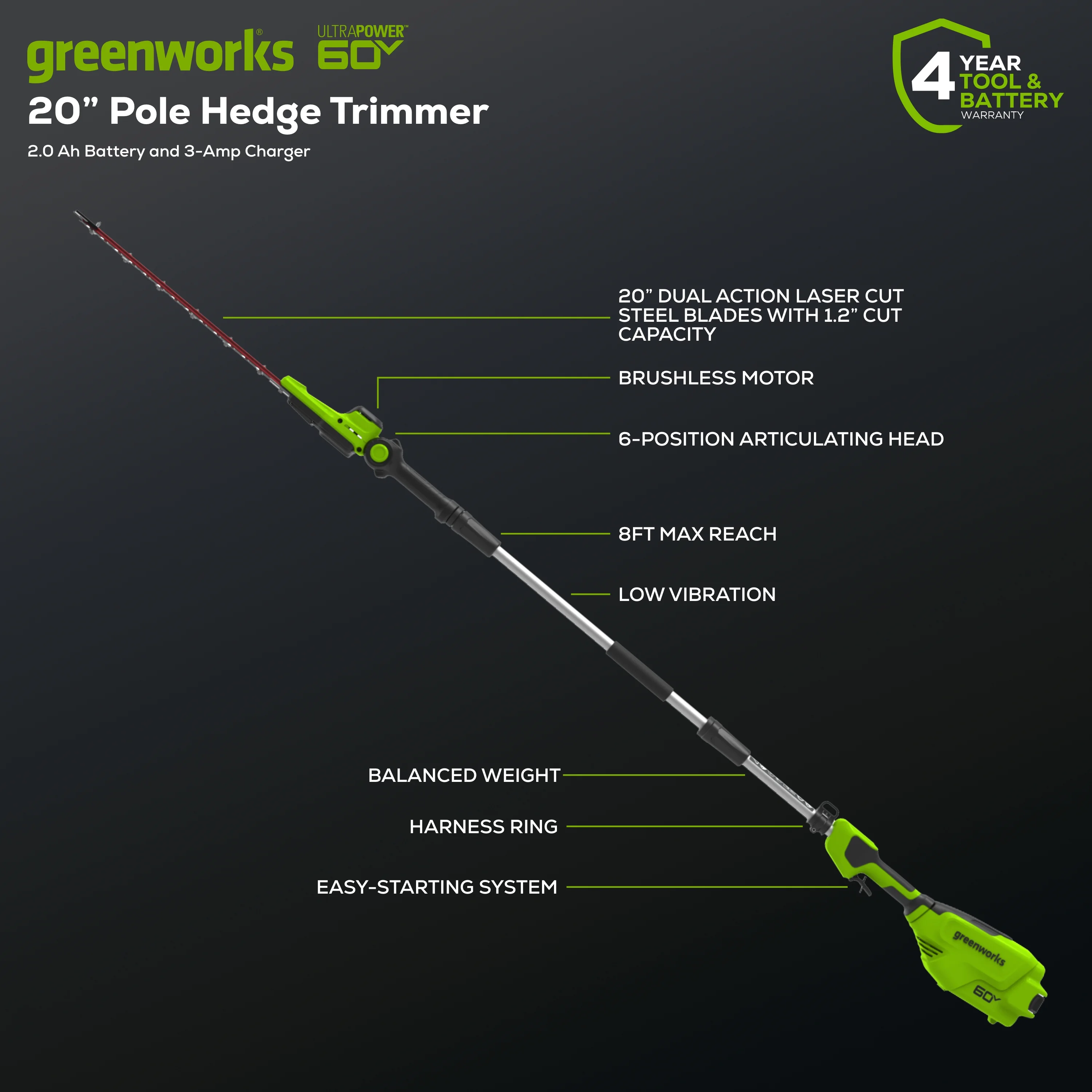 Greenworks 60V 20″ Pole Hedge Trimmer with 2.0 Ah Battery & 3 Amp Charger 2307502