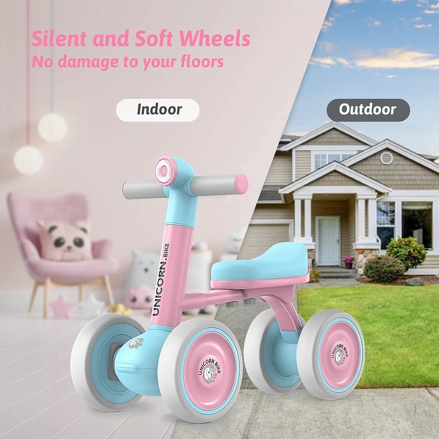 Baby Balance Bike for 1+ Years Old, Baby Bicycle 12-24 Months Toddler Bike with No Pedal 4 Silence Wheels and Light (Pink)