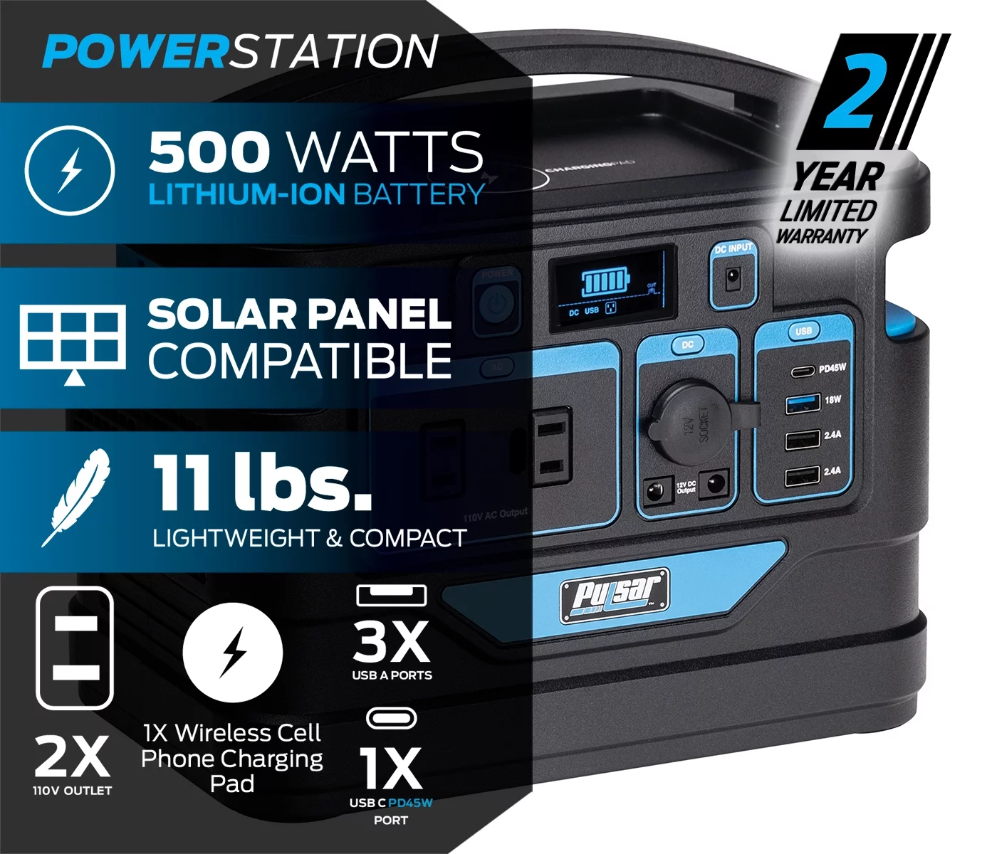 Pulsar 500 Watt Lithium-Ion Portable Power Station with LCD Display and Wireless Charging Pad (518Wh Capacity)