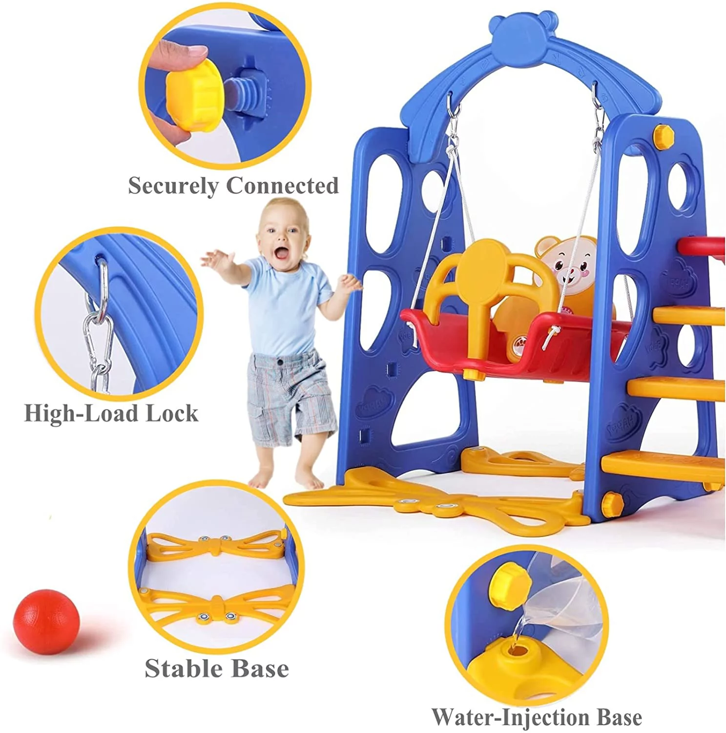 Increkid Kids Slide and Swing Set, Toddler Climber Baby Slide Playset W/ Basketball Hoop