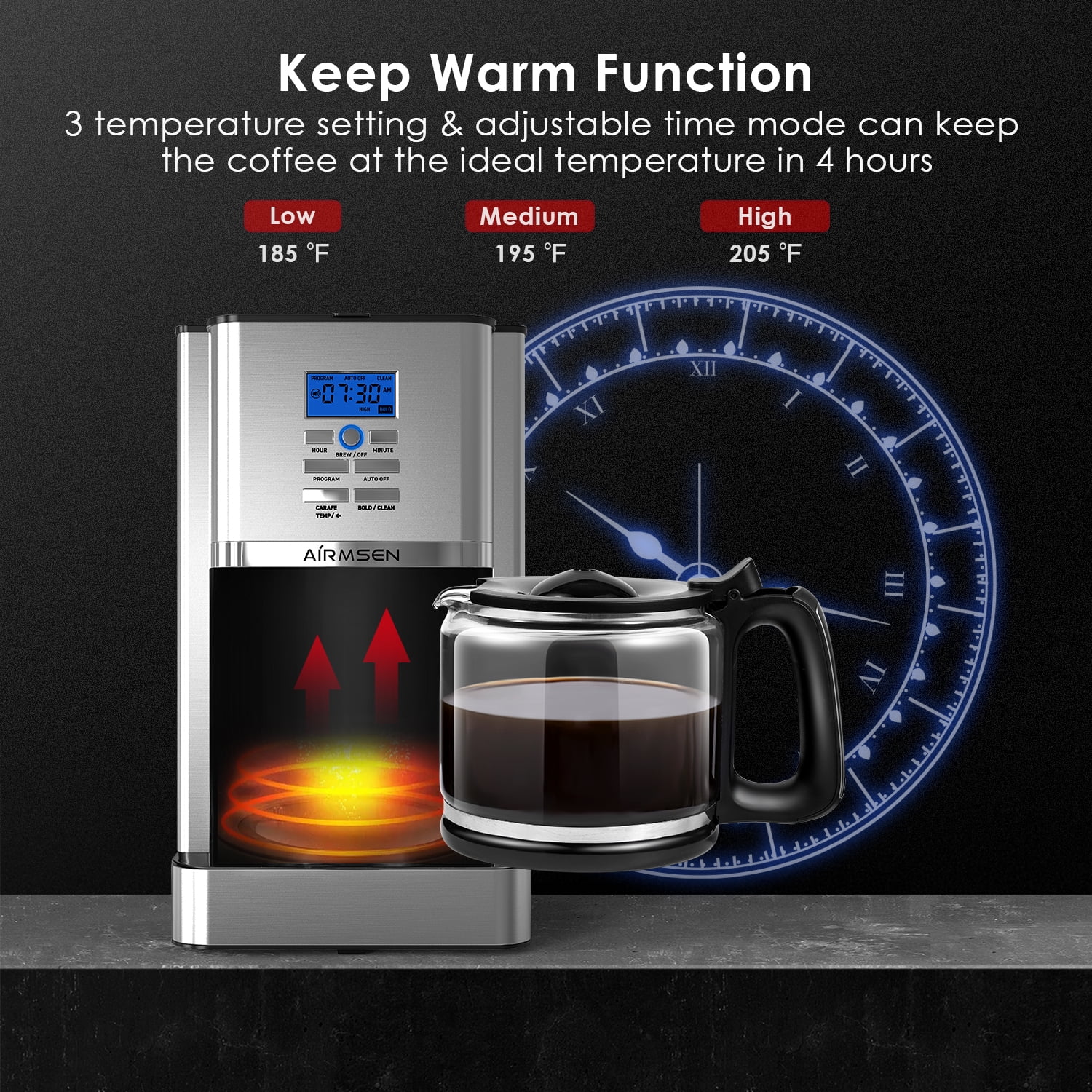 AIRMSEN Stainless Steel 12 Cup Drip Coffee Maker, Programmable Coffee Machine Self-Cleaning