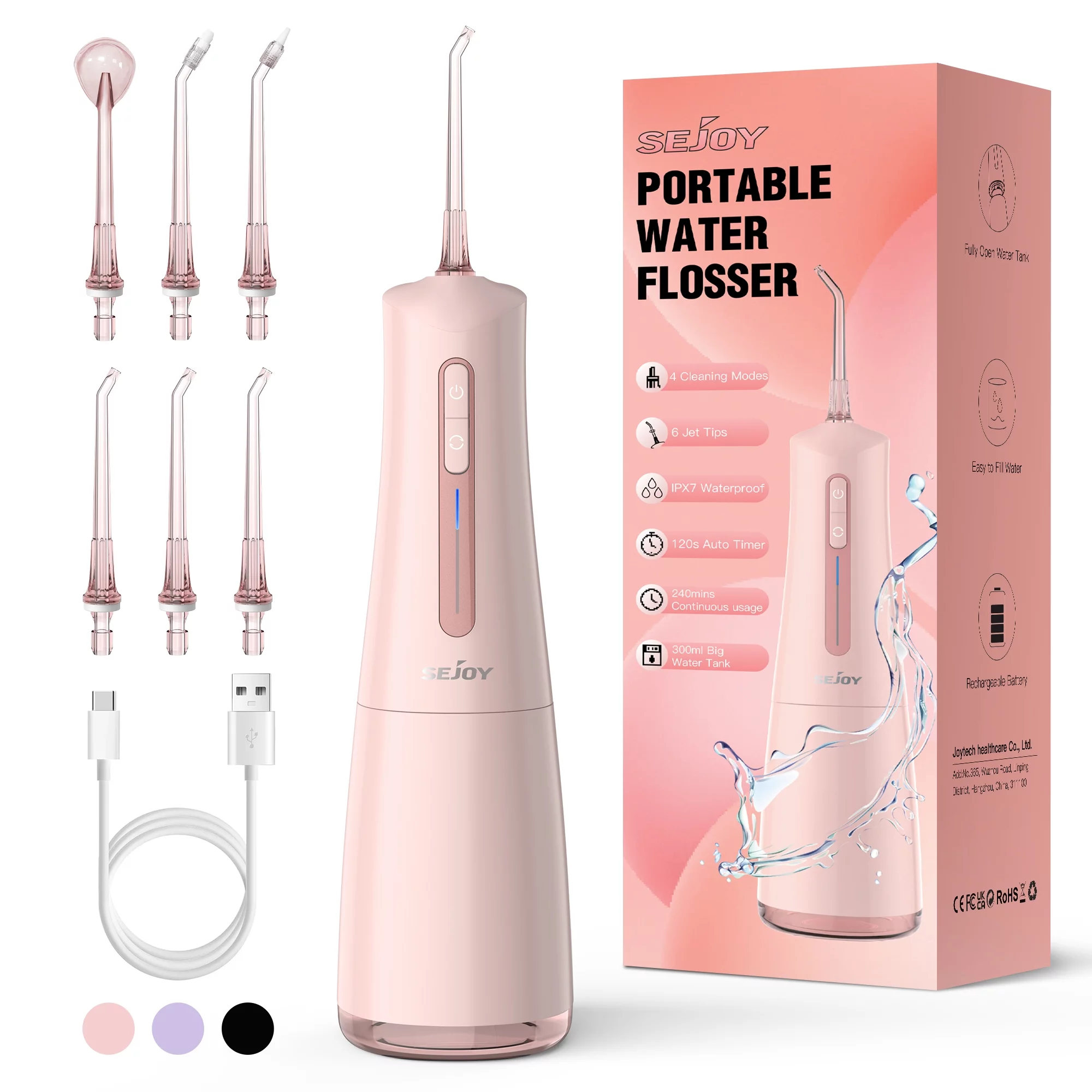 Sejoy Cordless Water Flosser, Professional Dental Teeth Cleaner, 300mL Tank USB Rechargeable Dental Oral Irrigator for Home and Travel, Pink