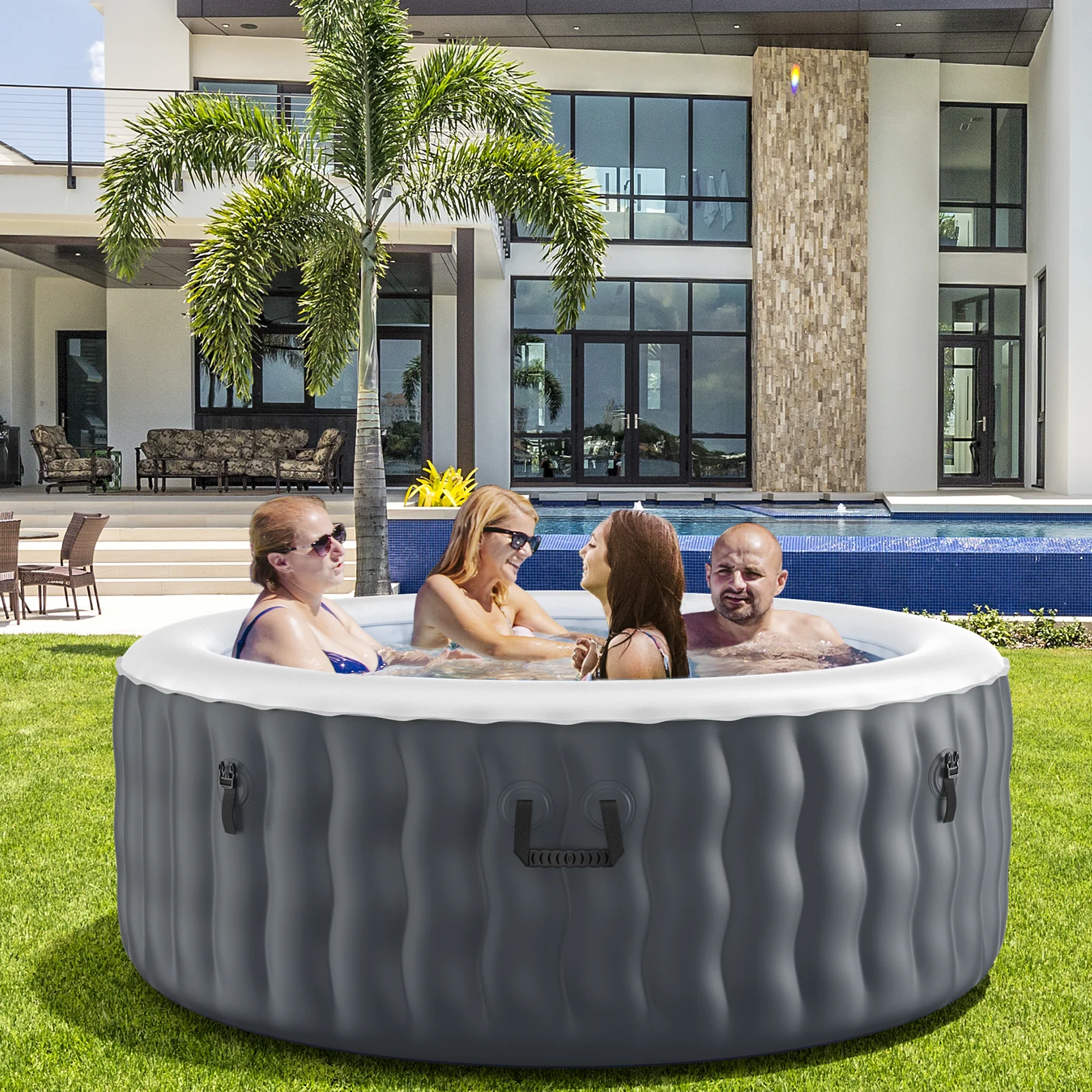 Infans 4 Person Inflatable Hot Tub Spa Portable Round Hot Tub with 108 Bubble Jets Grey