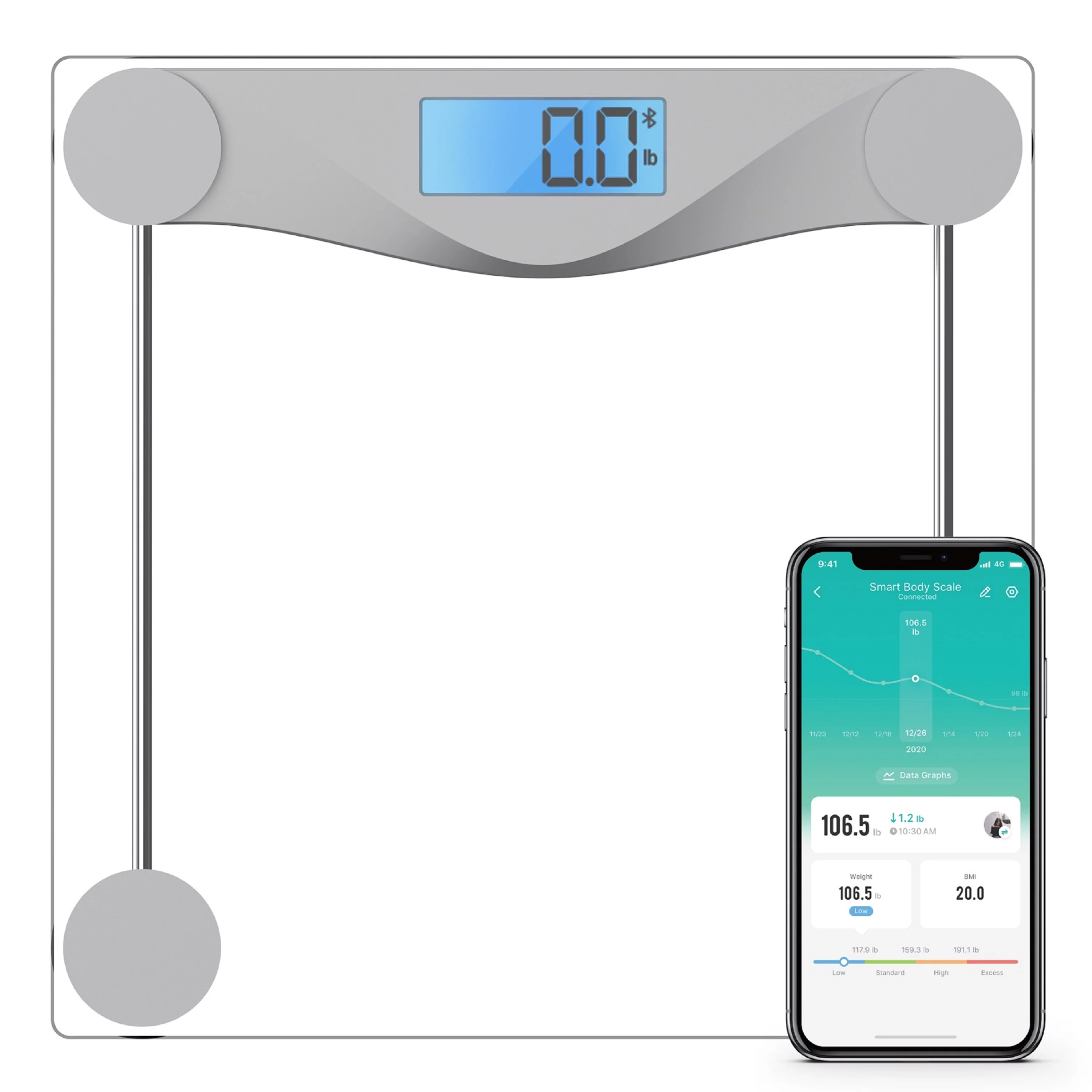 Etekcity Smart Scale for Weight, 400lb Capacity Bathroom Scale with LCD Display, Glass and Silver, ESB4074C-RBX