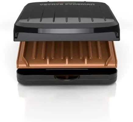 George Foreman Electric Indoor Grill and Panini Press, Black with Copper Plates, Serves 2, Classic Plate, GRS040-Series