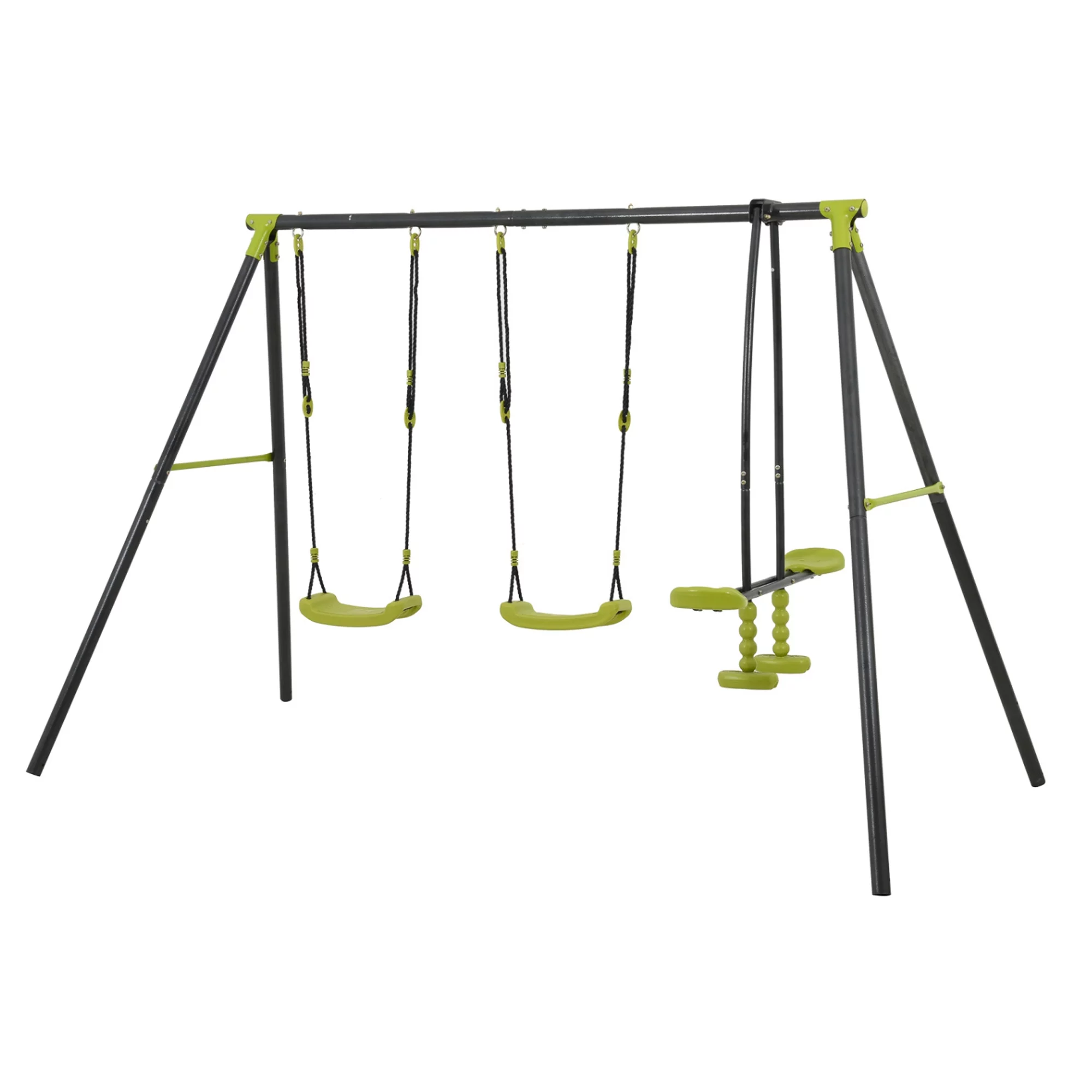 Sesslife Metal Swing Set for Outside, 5 in 1 Kids Backyard with Slide, Seesaw Swing, Single Swing and Basketball Hoop