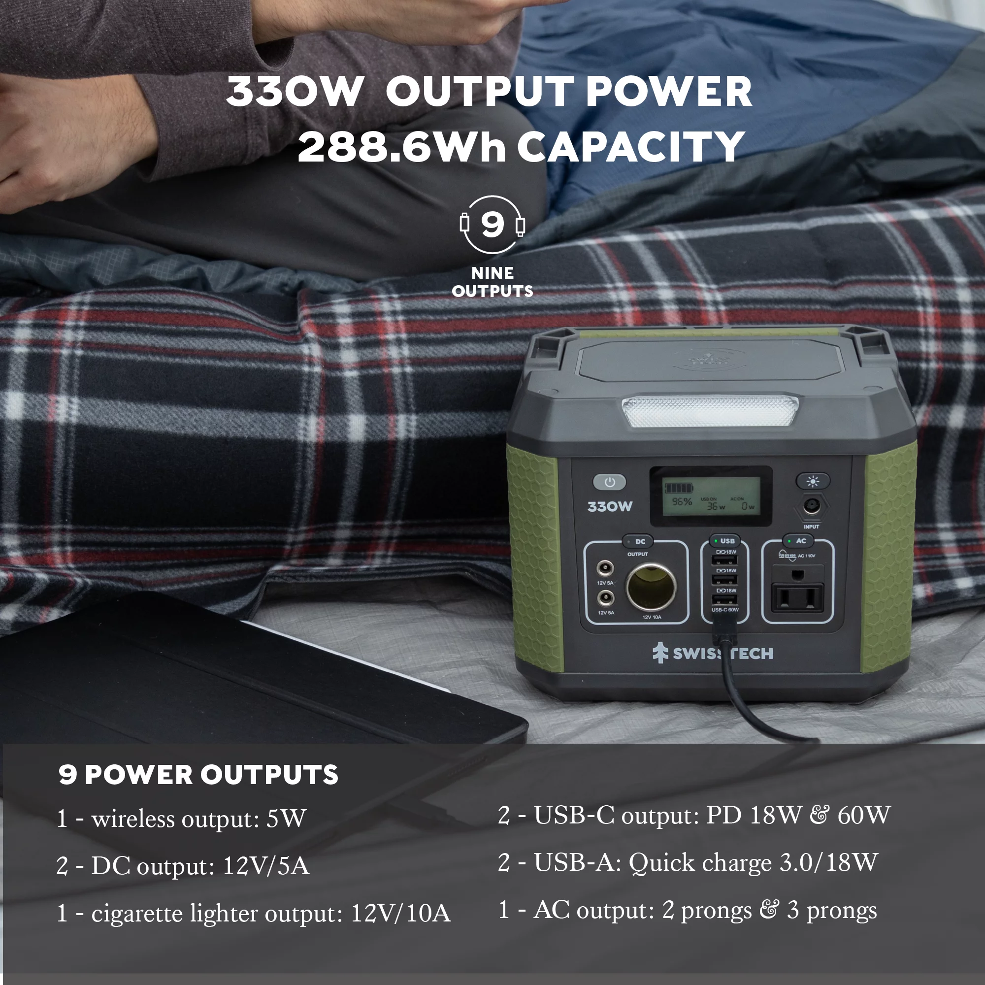 Swiss Tech 330W Portable Power Station, 288.6Wh, Solar Powered Battery for Camping and Travel Emergency