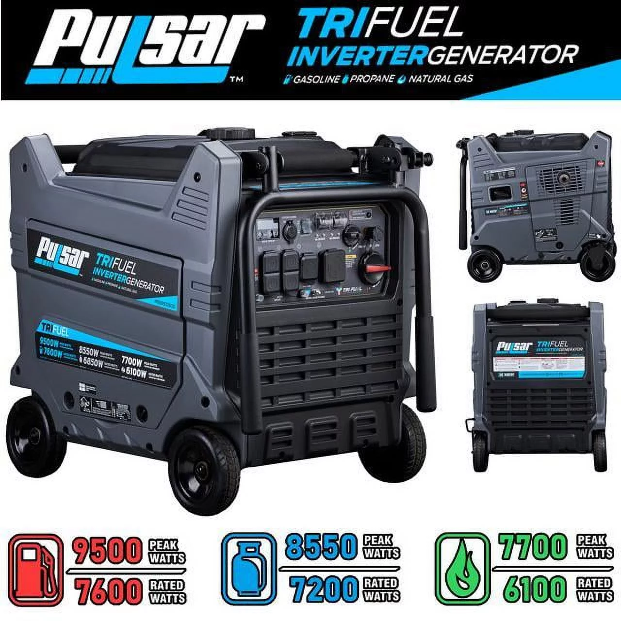 Pulsar 9500W Tri Fuel Gasoline Propane Natural Gas Portable Inverter Generator w/Remote Start & CO Sentry for Home Use GS95TiSCO