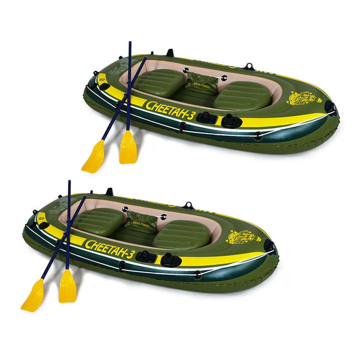 CHEETAH 3 Person Inflatable Boat Raft Set with Oars & Air Pump (2 Pack)